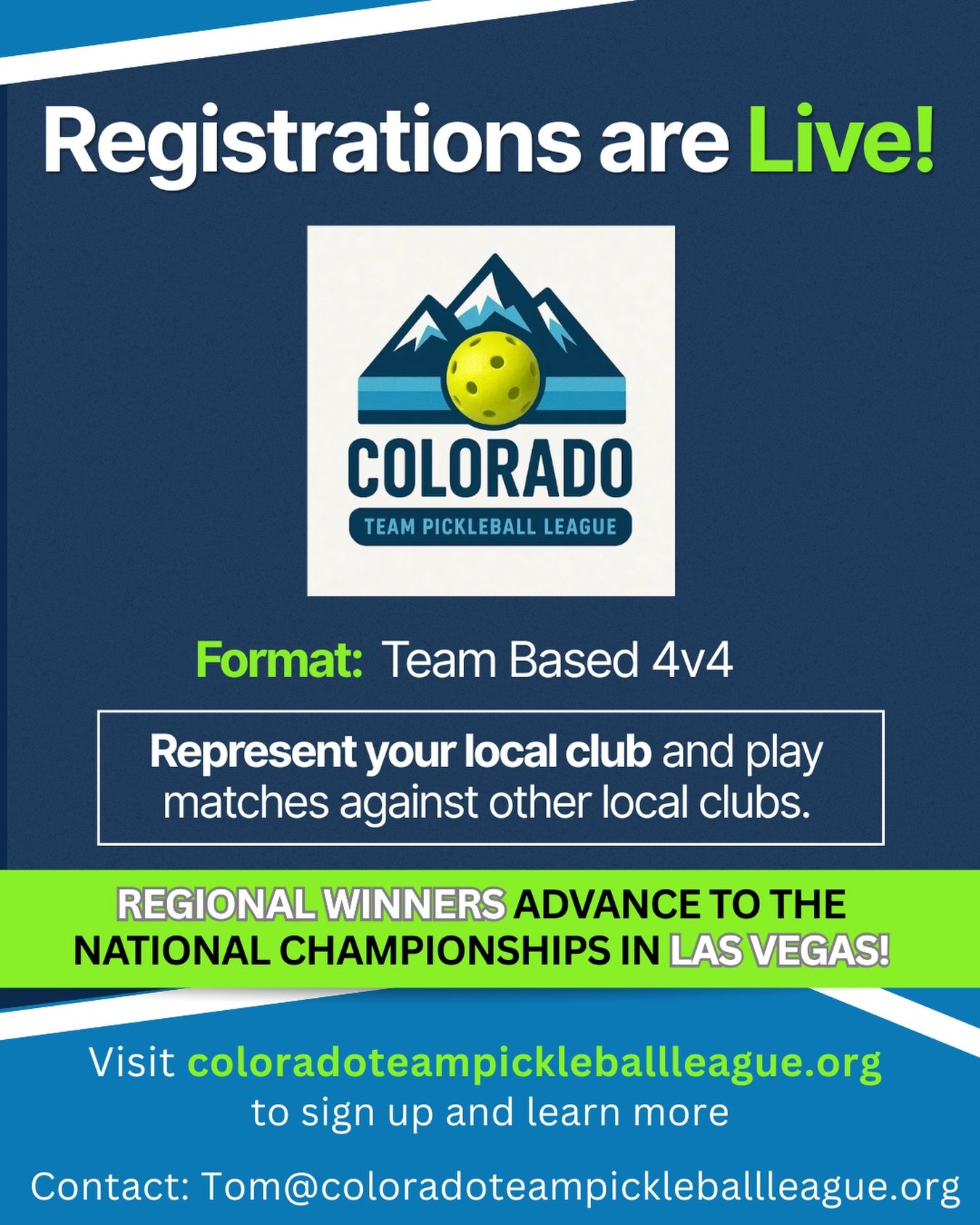 Ready to represent your local club? 🏓 Registrations are now live for the Colorado Team Pickleball League. This is your chance to join a team, compete against other local clubs, and play for an opportunity to advance to the National Championships in 