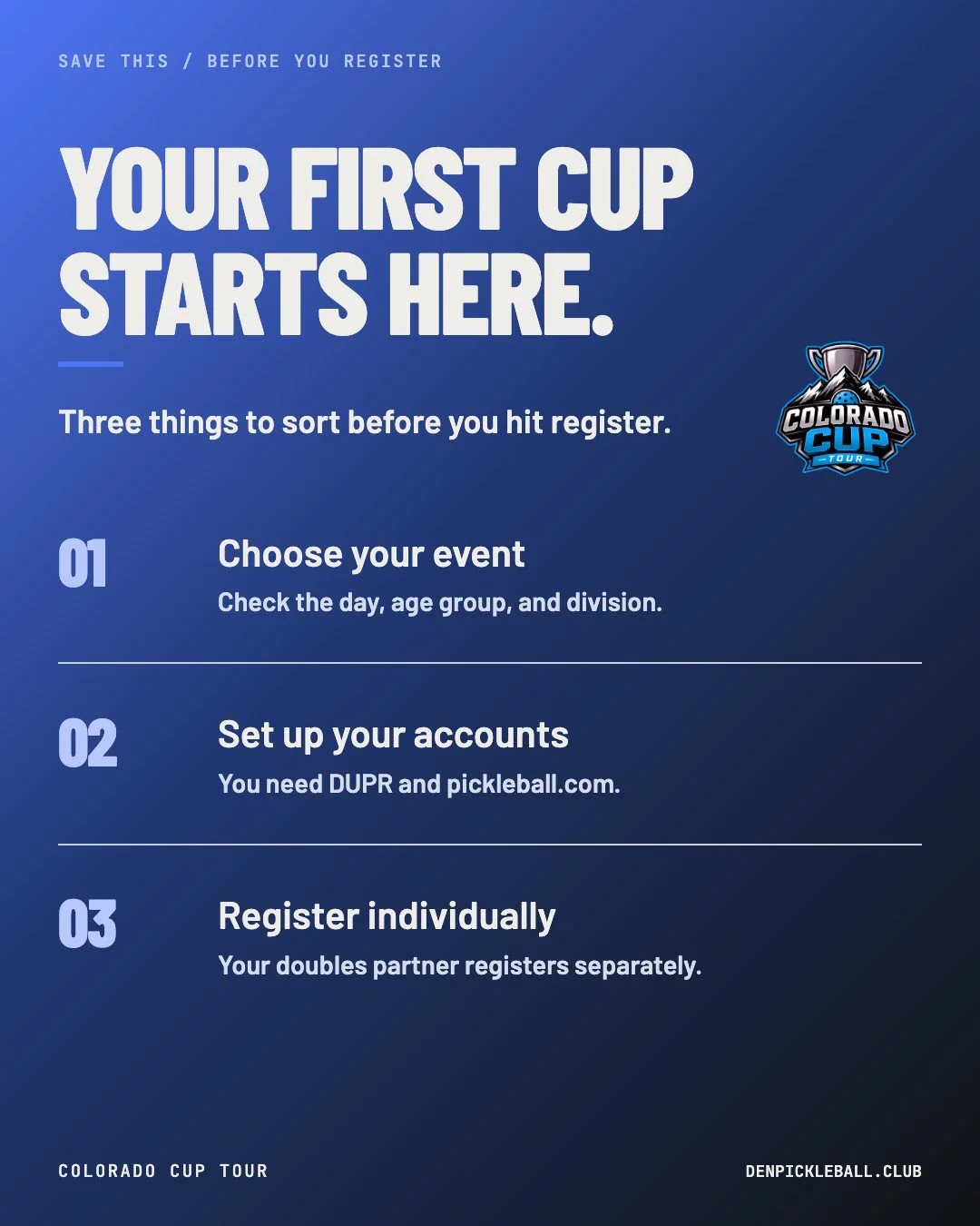 First Colorado Cup? Start here: choose your event and division, set up your DUPR and pickleball.com accounts, and register individually. 

Your doubles partner needs to register too. No partner yet? The event page explains the &ldquo;need teammate&rd