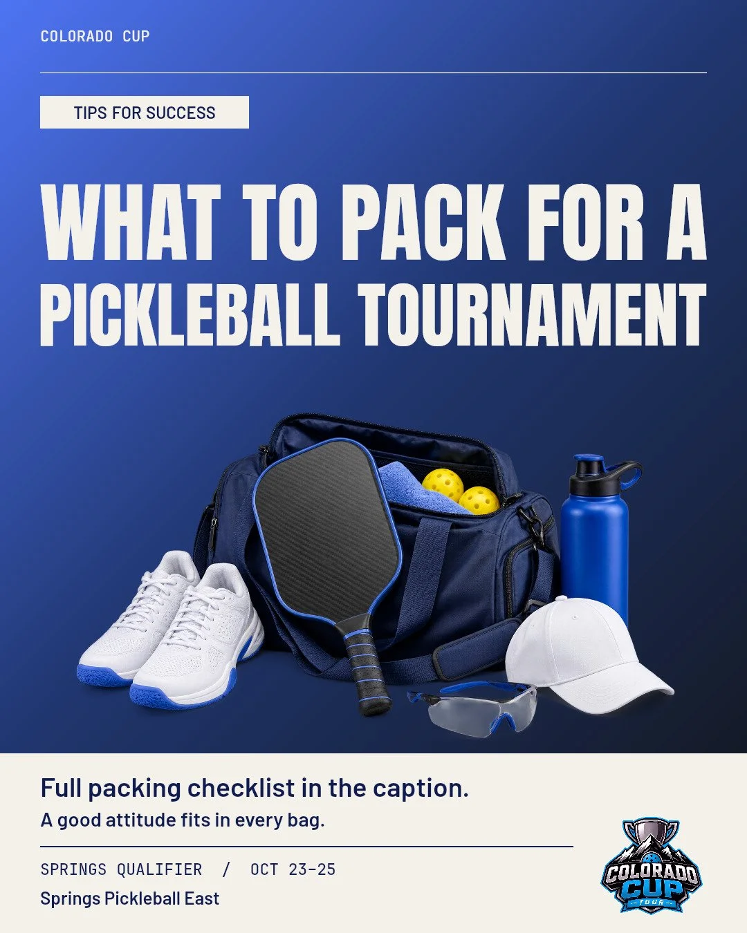 Not sure what to bring? We've got you! Save this checklist so you can come back to it before tournament day 💪

Your tournament bag essentials:
&bull; Paddle + backup paddle
&bull; Playing shoes
&bull; Protective eyewear
&bull; Hat
&bull; Slides or c