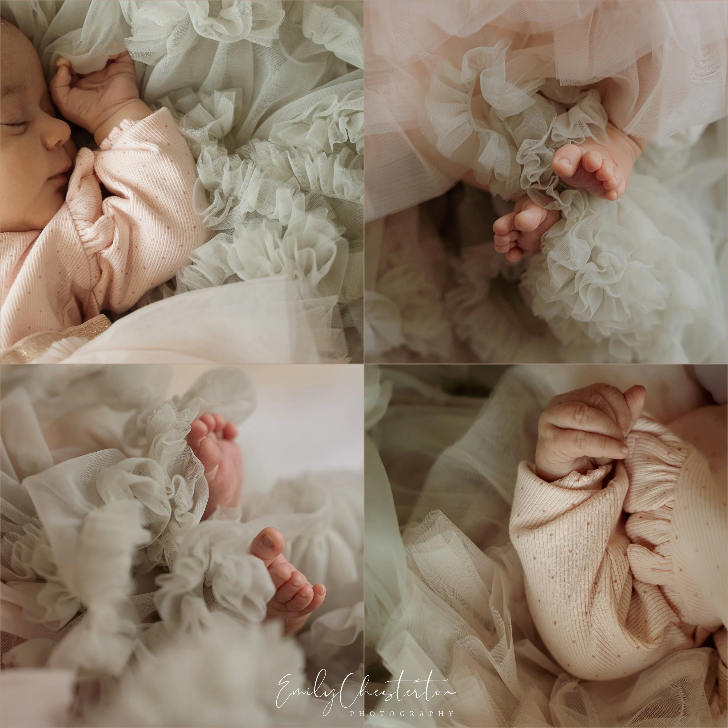 Close-up of a sleeping newborn baby, dressed in a pink outfit, resting on soft white fabric with ruffled details. The image shows different angles focusing on the baby's face, hands, and feet, highlighting delicate skin and tiny features.