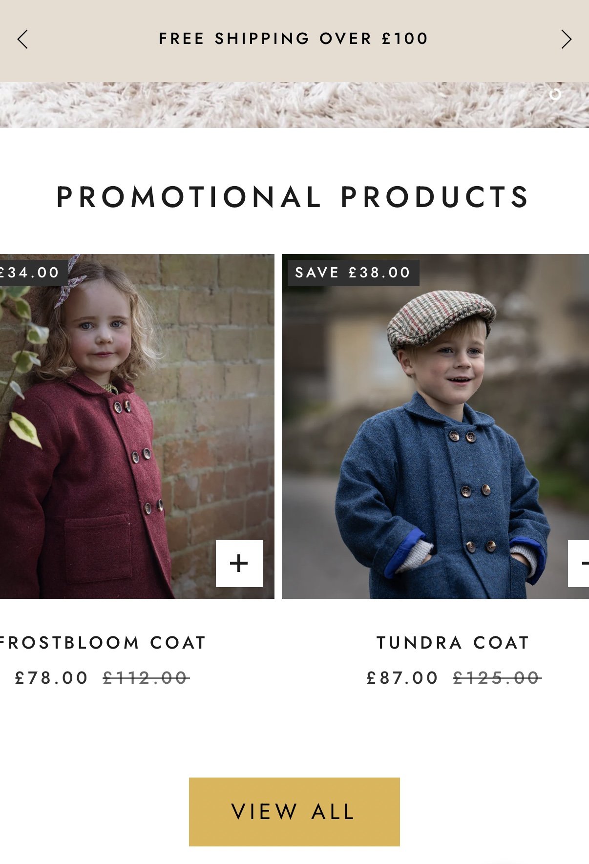 Promotional sale webpage for children's coats featuring a girl in a red coat and a boy in a blue coat with a discount label, and a "View All" button at the bottom.