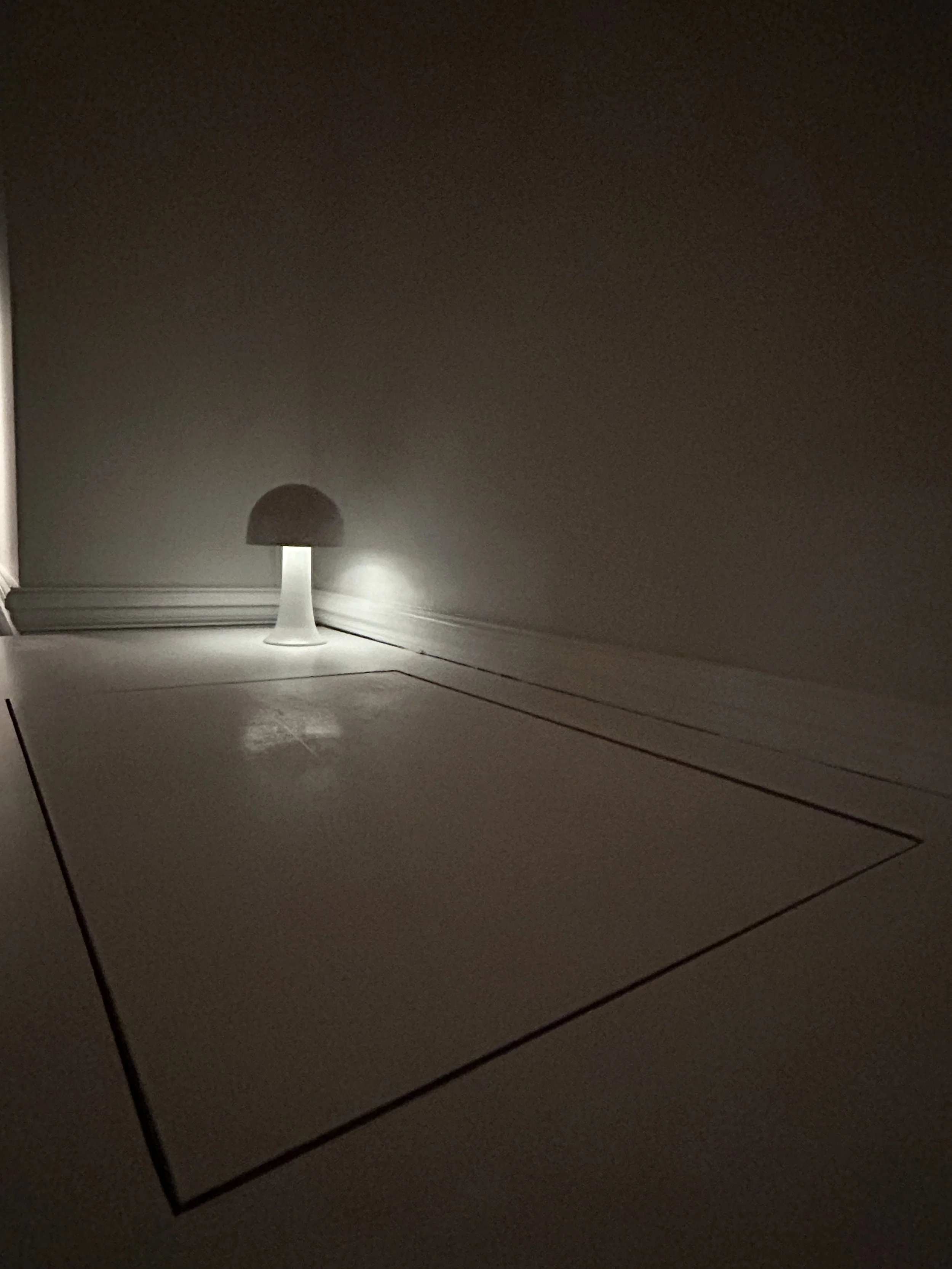 A small white lamp on the corner of a ceiling with a mushroom-shaped shade, casting light and shadow on the wall and ceiling.