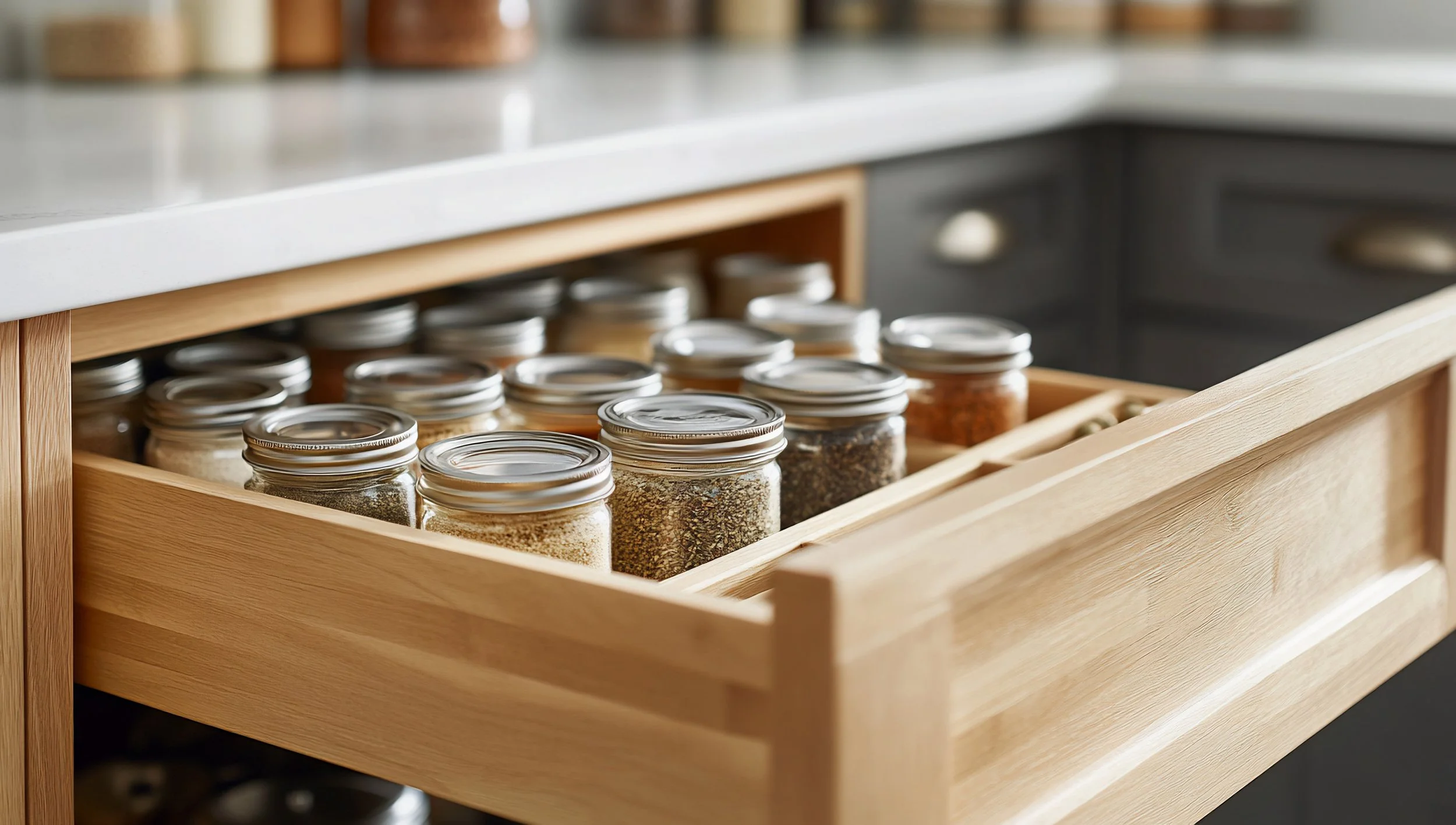 Open kitchen drawer with glass jars filled with spices or herbs, situated beneath a white countertop, with a blurred background of kitchen cabinets.