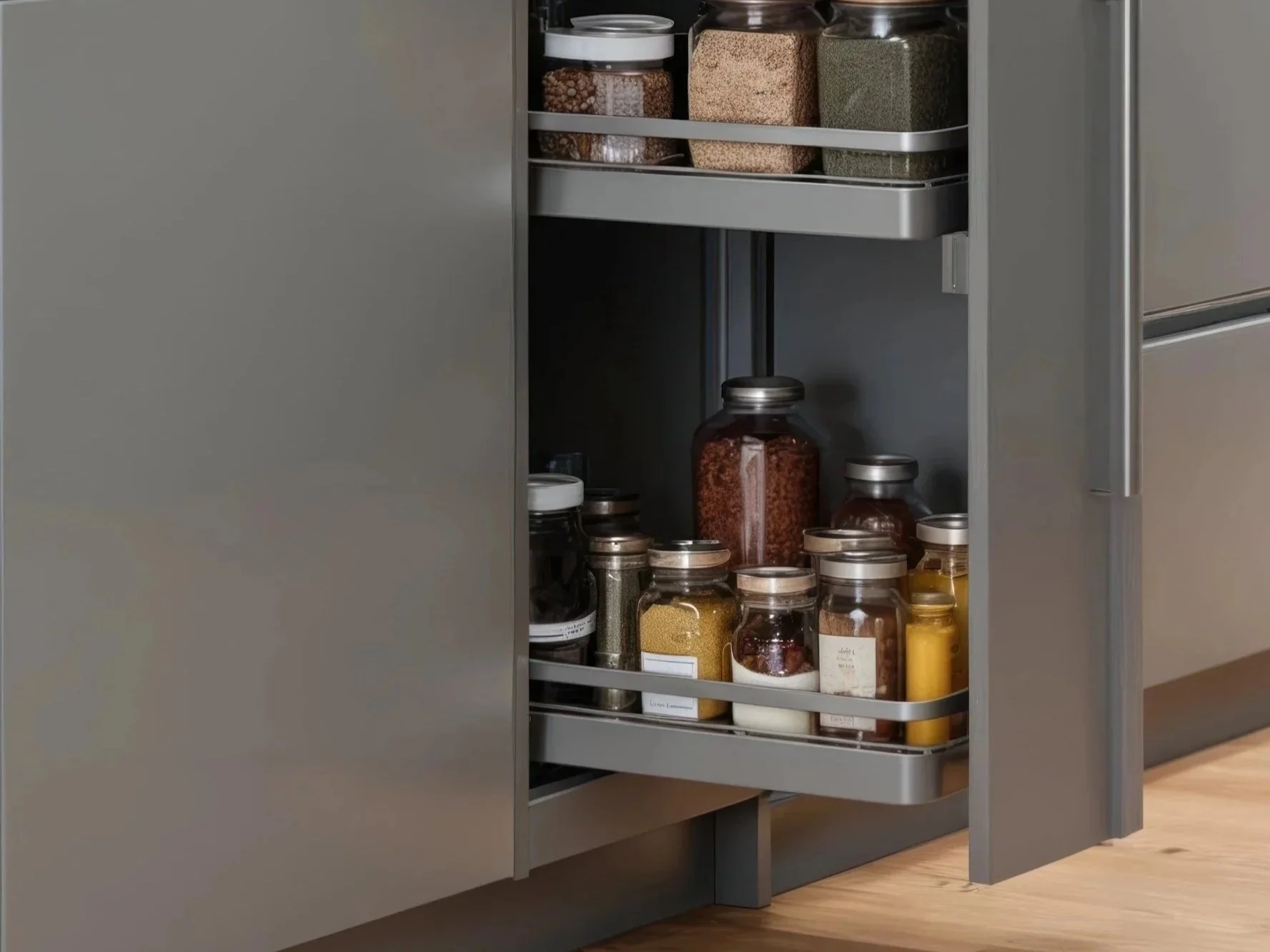 Open kitchen cabinet with glass jars filled with spices and dry ingredients on metal shelves.
