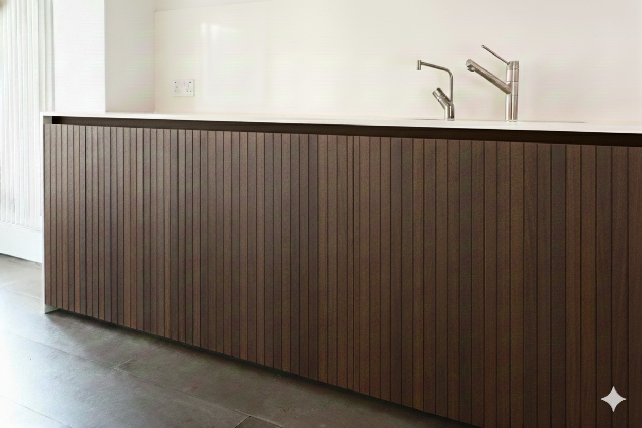 Modern kitchen island with a white countertop and a wood-slatted front panel, stainless steel faucet, and sink