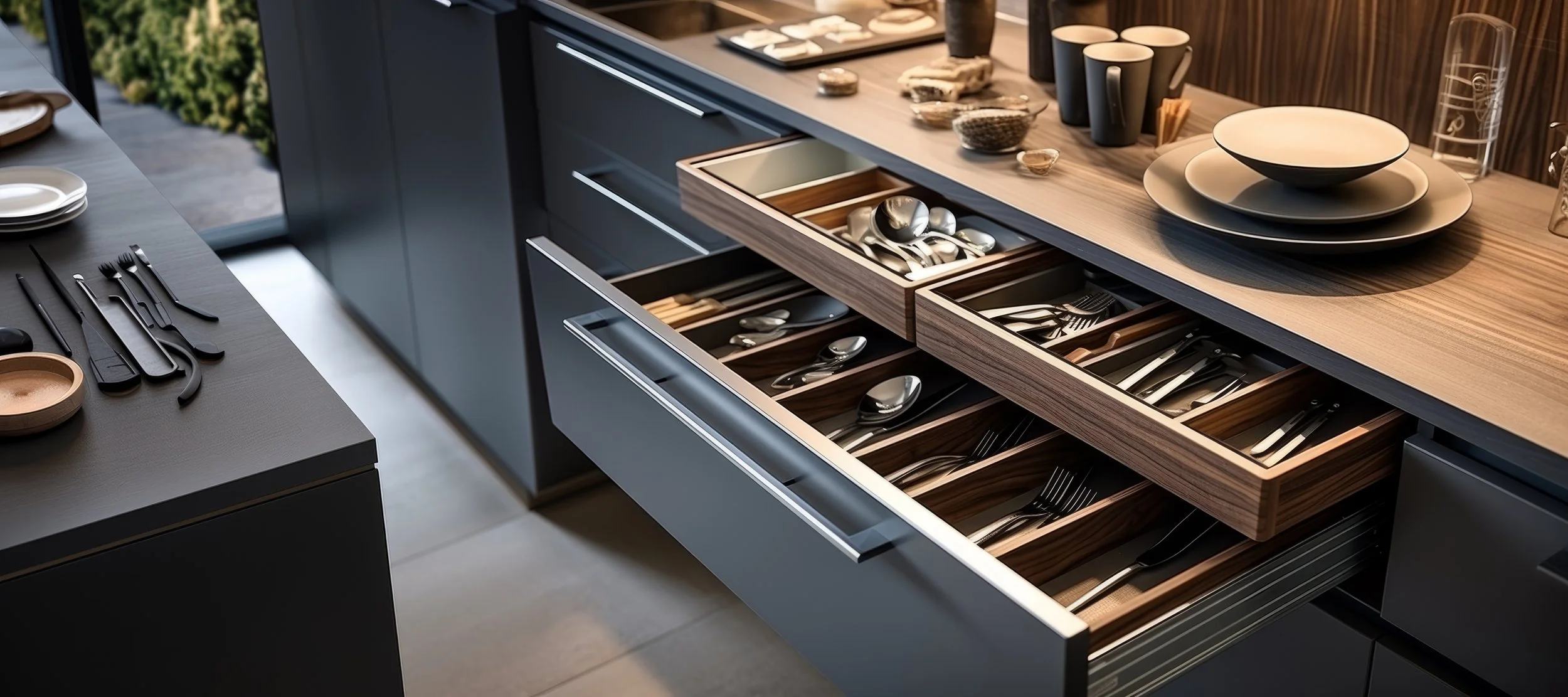 Open kitchen drawer filled with neatly organized utensils, including spoons, forks, and knives, with a wooden tray for silverware. The kitchen has a modern design with a light wooden countertop and dark cabinetry.