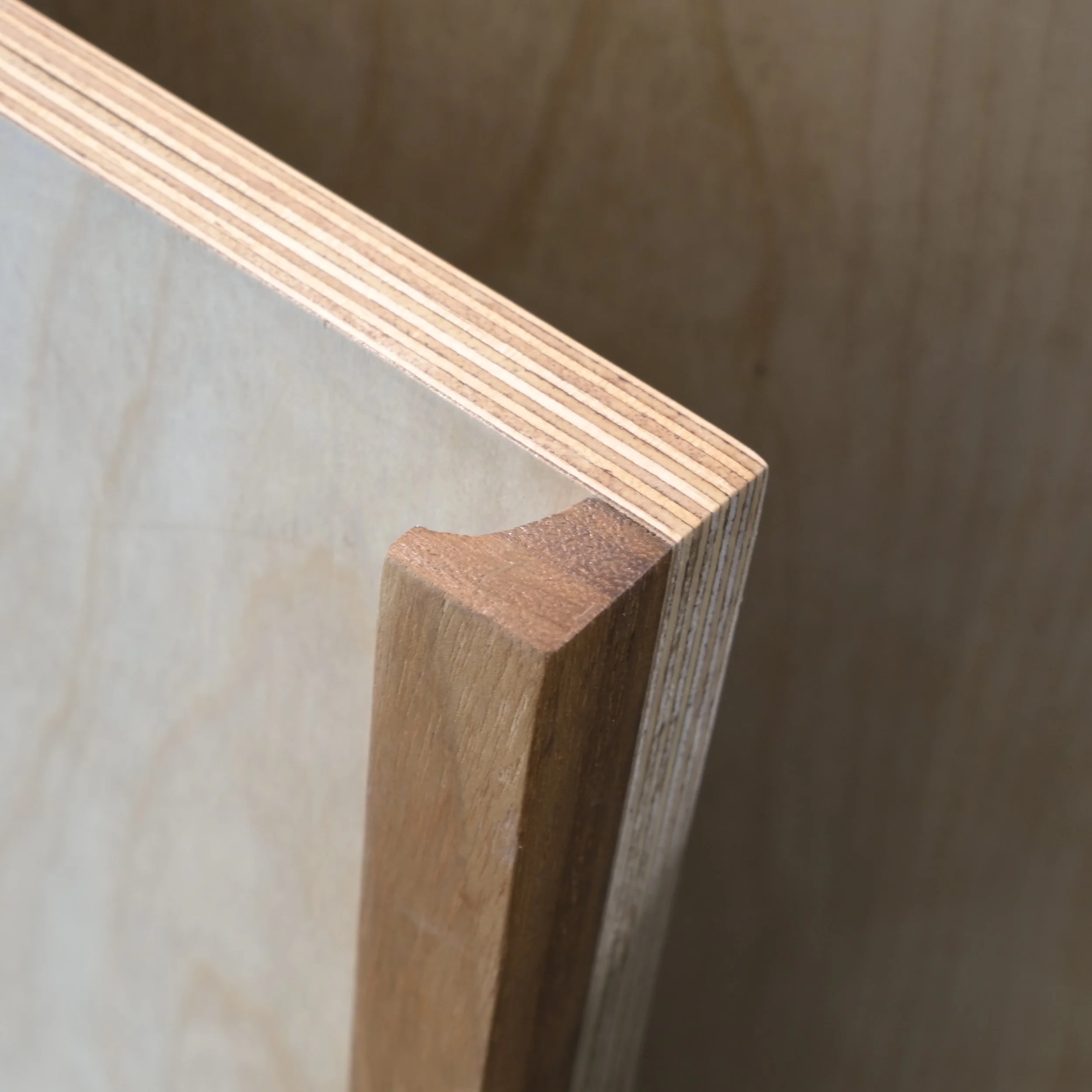Close-up photograph of the edge of plywood with a wooden frame, showing the layers of plywood and the grain of the wood.