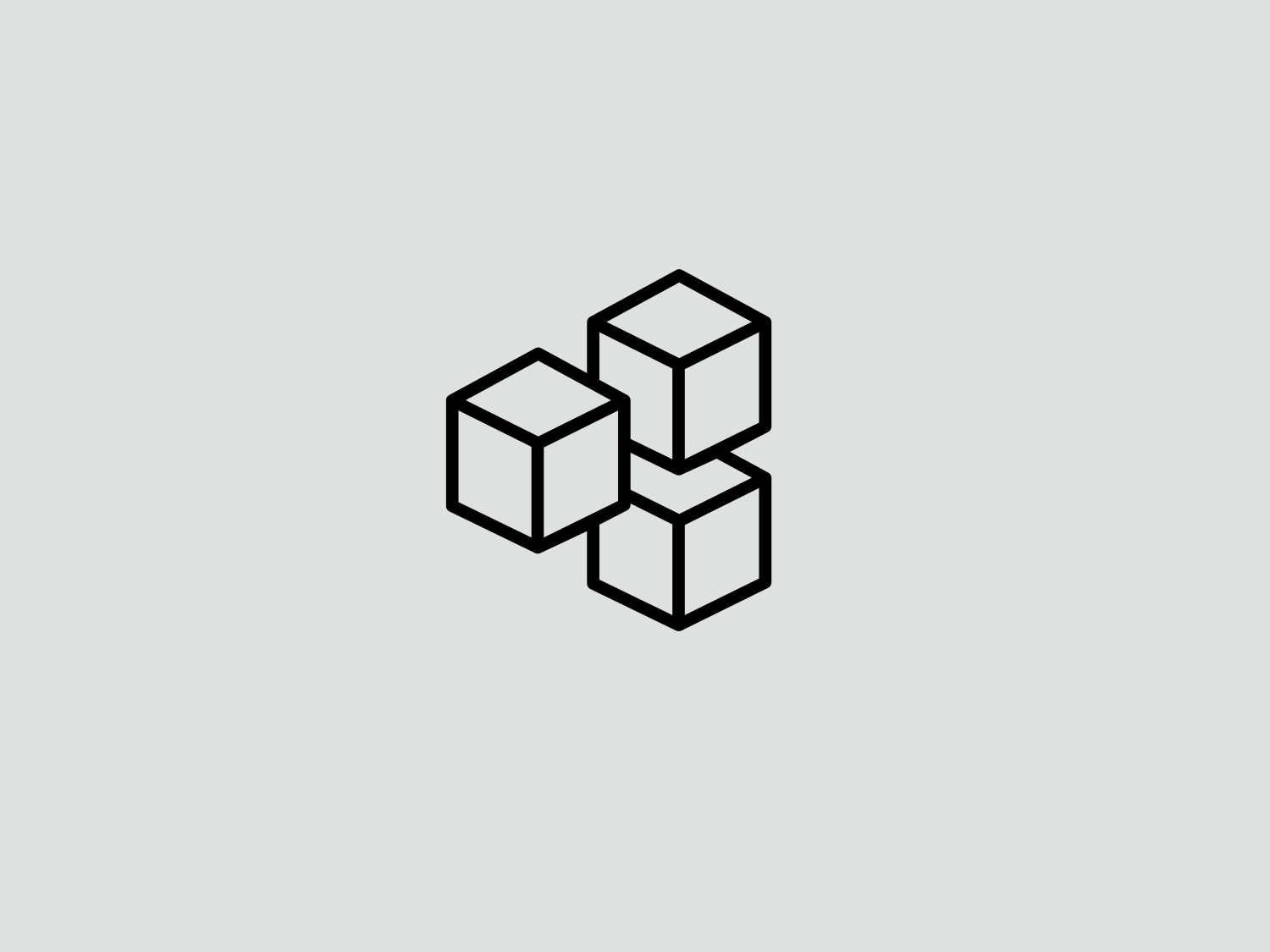 A black outline of three cubes with open sides stacked in an abstract geometric arrangement on a light gray background.