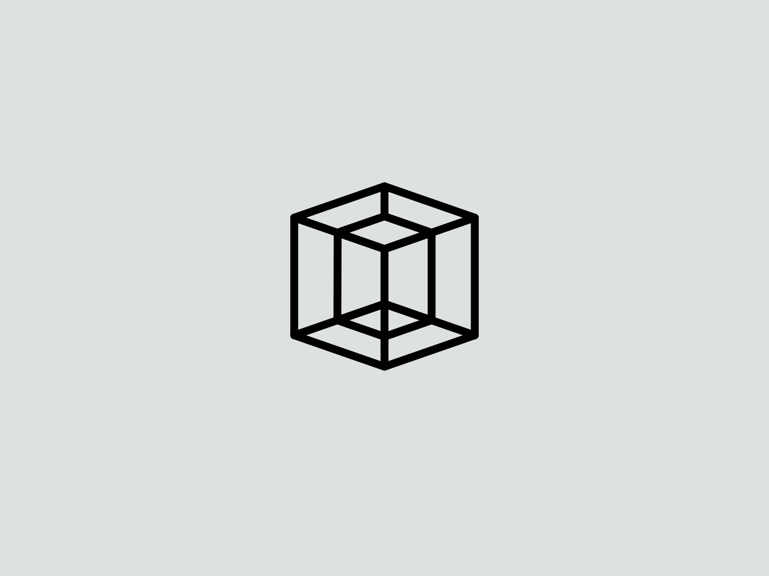 Black outline drawing of a 3D transparent cube with inner lines, on a light gray background.