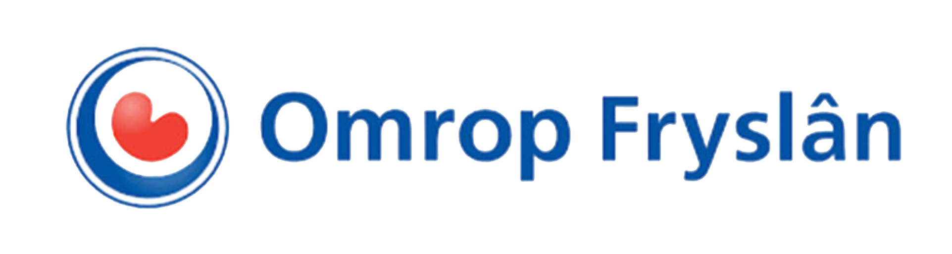 Logo met tekst 'Omrop Fryslân' en een cirkel met een roestkleurig hart erin.