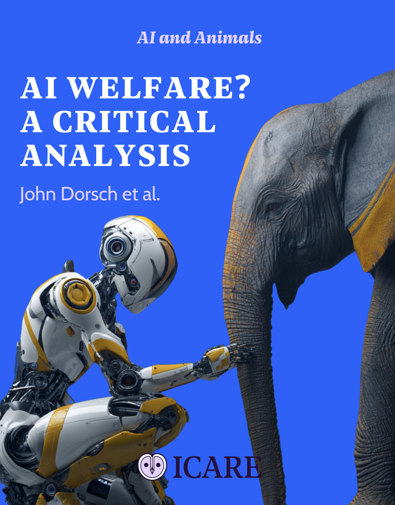 Cover of educational publication titled 'AI and Animals: AI Welfare? A Critical Analysis' by John Dorsch et al., featuring a robot reaching out to an elephant against a blue background, with the ICARE logo at the bottom.