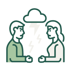 Line drawing of two people engaged in a dispute with a storm cloud and lightning above their heads.