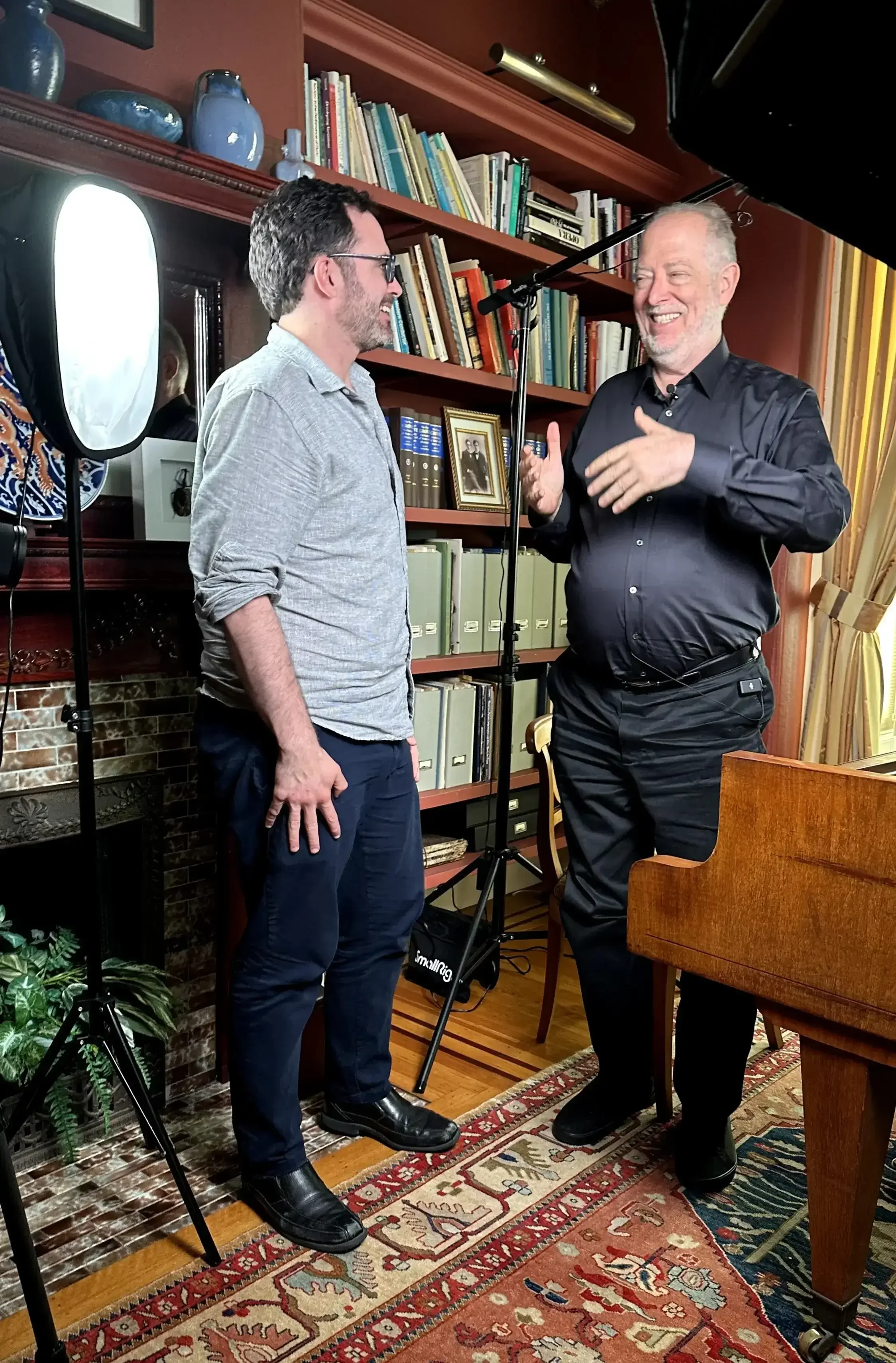 Ben Laude and Garrick Ohlsson chatting in Garrick's home studio