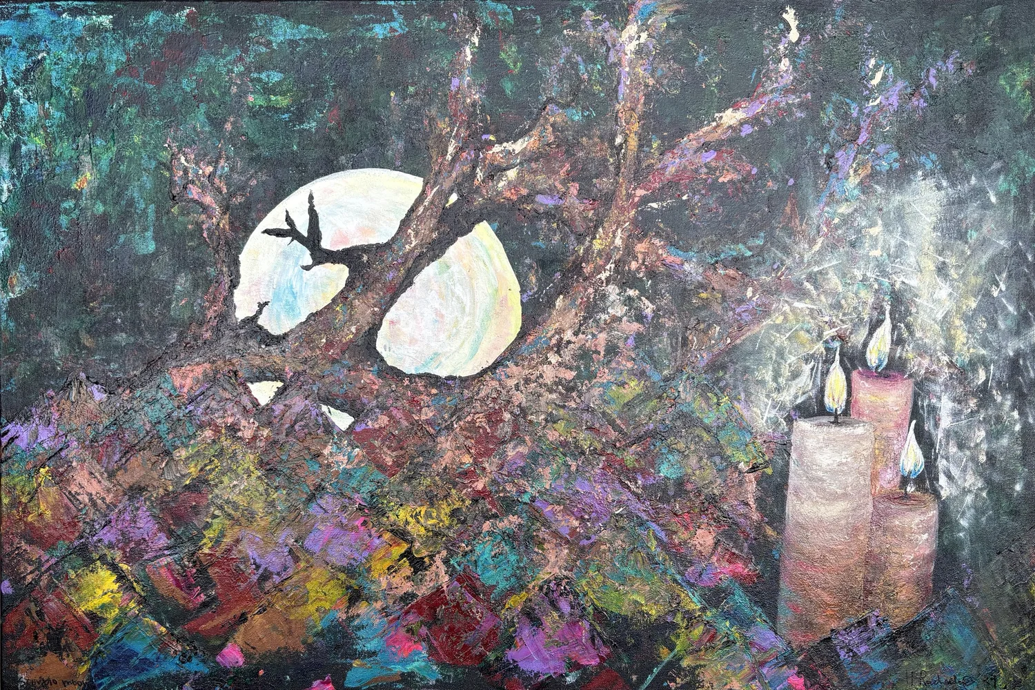 Hear the Chants Of the Enchanted, a pale full moon behind dark branches beside three lit candles, acrylic on canvas