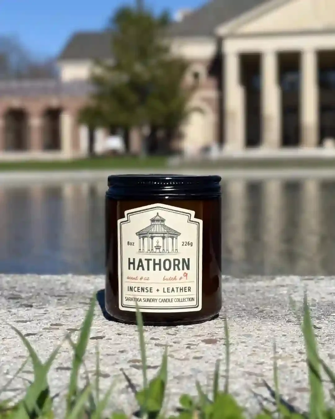 Hathorn candle and from Saratoga Sundry in front of the Hall of Springs in Saratoga Springs NY.webp