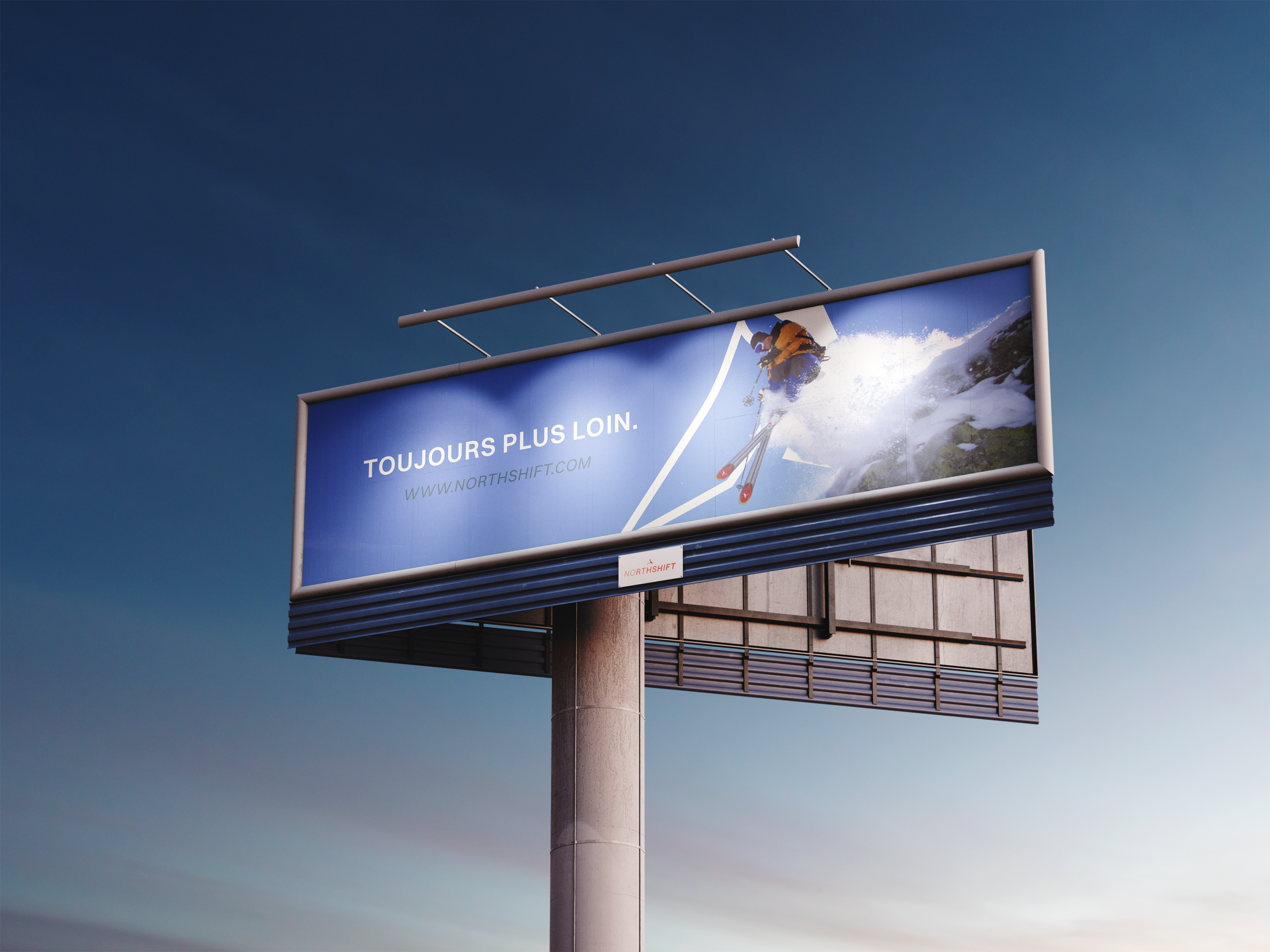 Billboard publicitaire avec le positionnement et site internet  de la marque de l'identité visuelle de NORTHSHIFT réalisé par le studio lapousse.