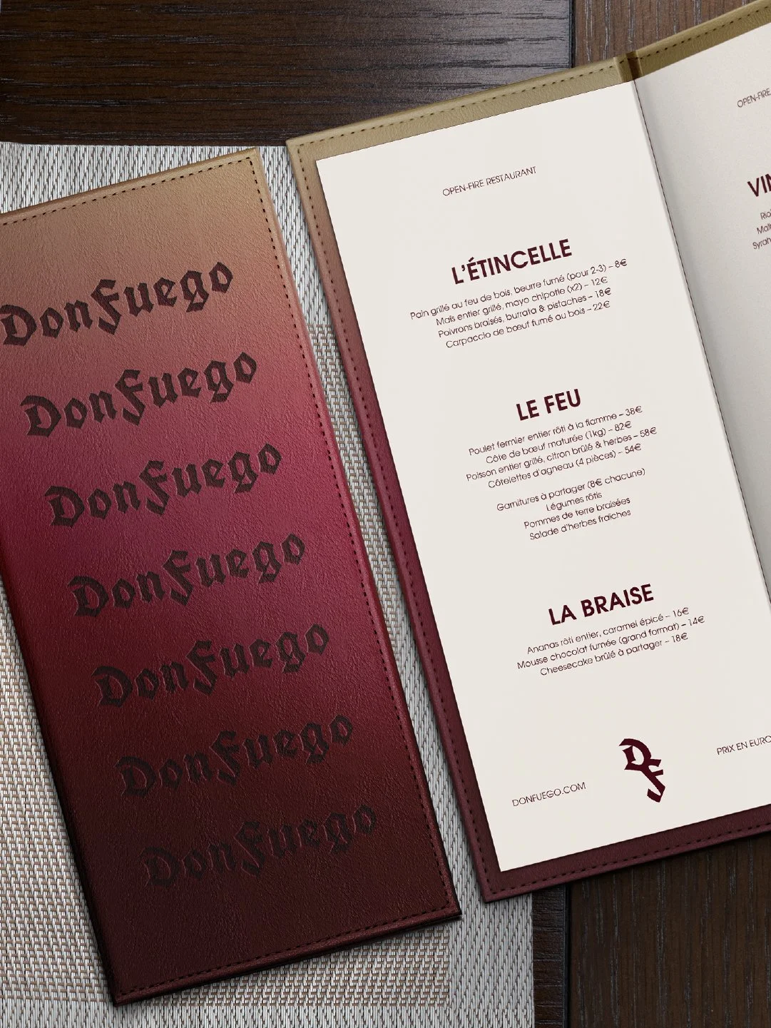 Menu complet du restaurant de l'identité visuelle de DON FUEGO réalisée par le studio de création lapousse.