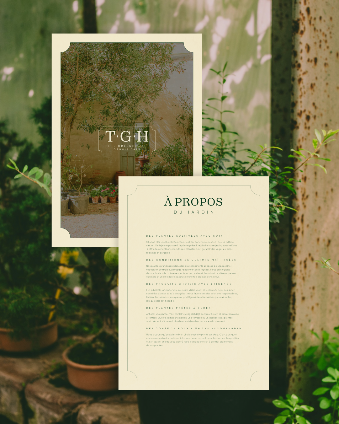 Flyer à propos de la section jardin de l'identité visuelle de THE GREENHOUSE réalisé par le studio de création lapousse.