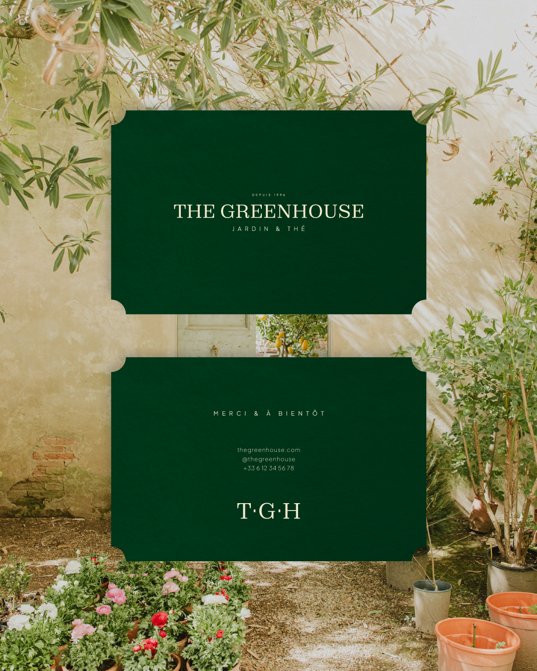 Carte de visite et remerciement de l'identité visuelle de THE GREENHOUSE réalisé par le studio indépendant lapousse.