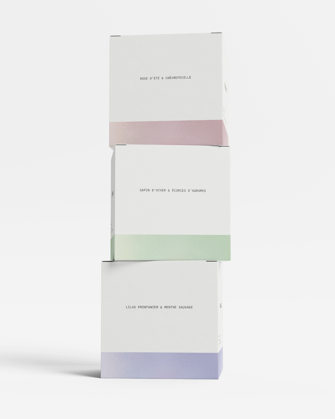 Plusieurs boite packaging de parfum de l'identité visuelle de FLORAE réalisé par le studio lapousse.