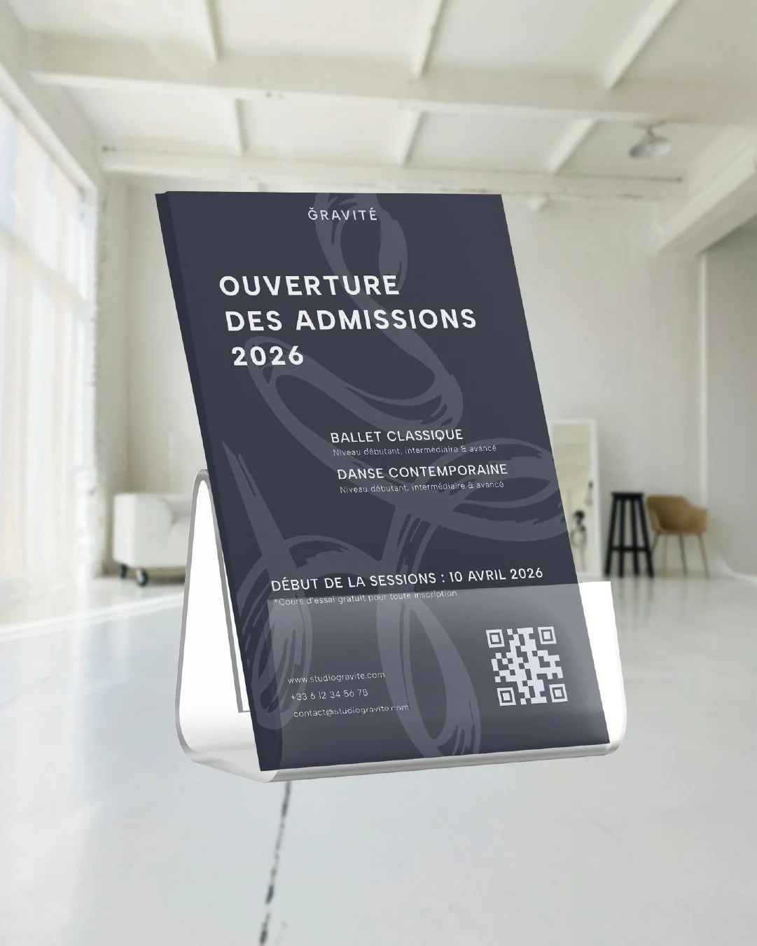 Flyer pour l'ouverture des admissions de l'identité visuelle de GRAVITÉ réalisé par le studio de création lapousse.