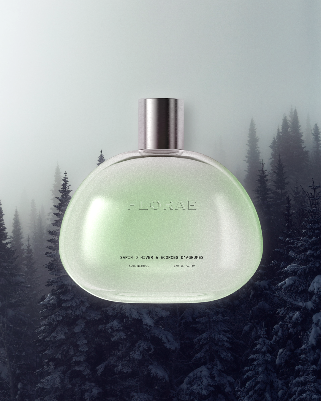 Bouteille de parfum sélection hiver de l'identité visuelle de FLORAE réalisé par le studio de création lapousse.