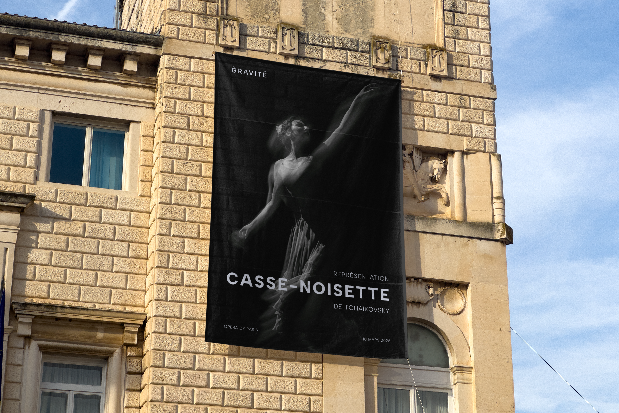 Affiche de promotion d'un spectacle avec logo et informations de l'identité visuelle de GRAVITÉ réalisé par le studio de création lapousse.