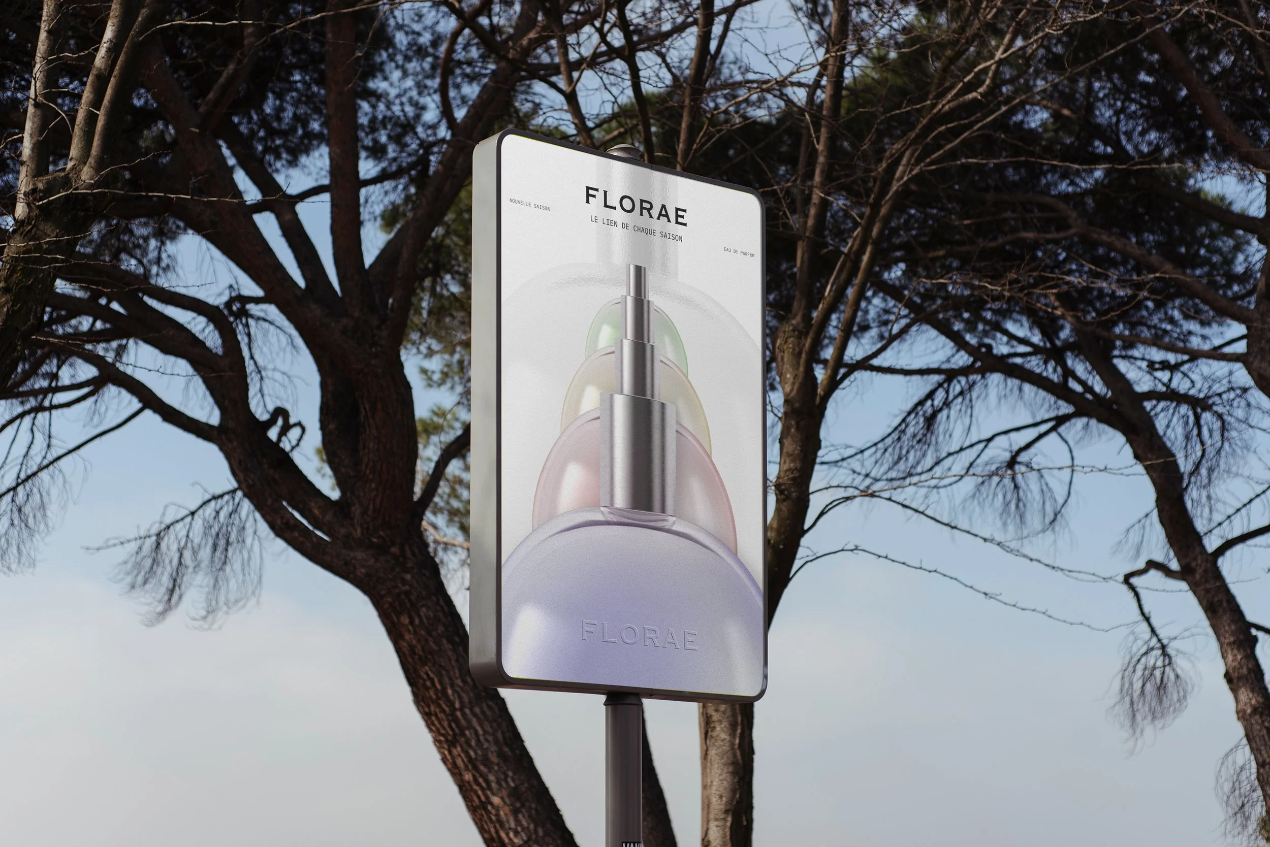 Panneau publicitaire présentant la collection de parfum de l'identité visuelle de FLORAE réalisé par le studio de création lapousse.