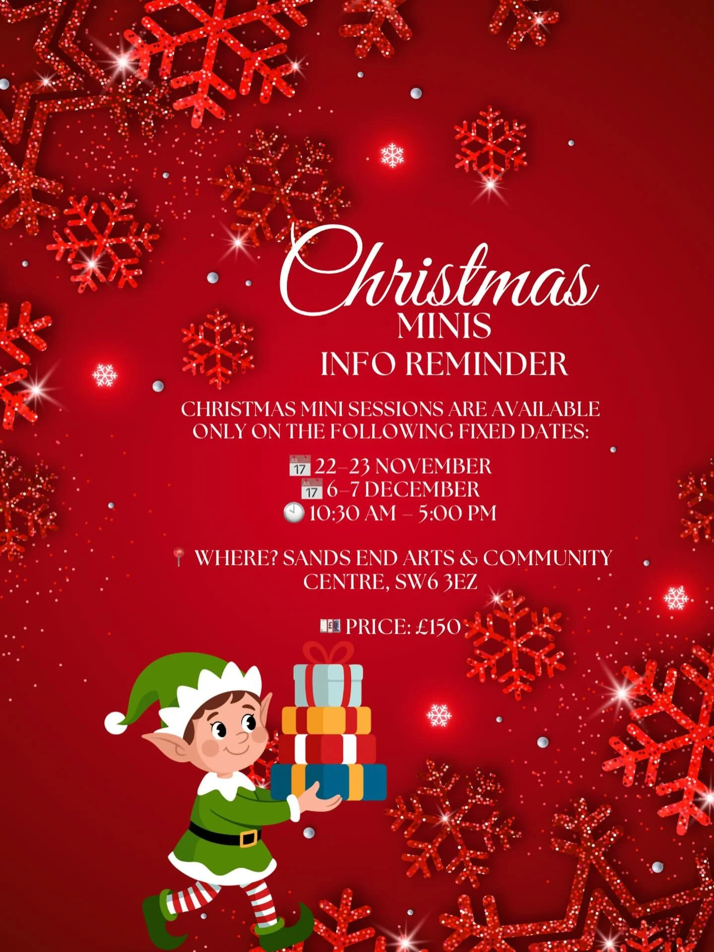 Dear families,

A quick reminder as we begin our Christmas Mini Sessions this Saturday 🎄✨

We&rsquo;ve noticed a few bookings coming through on random available dates, but Christmas Minis can only take place on the allocated dates listed in the post