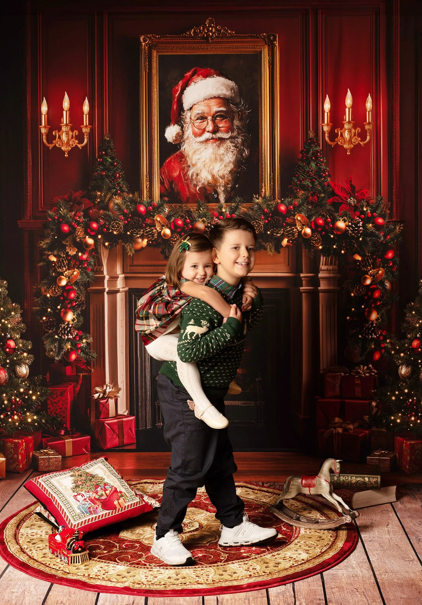 brother and sister with a christmas setting