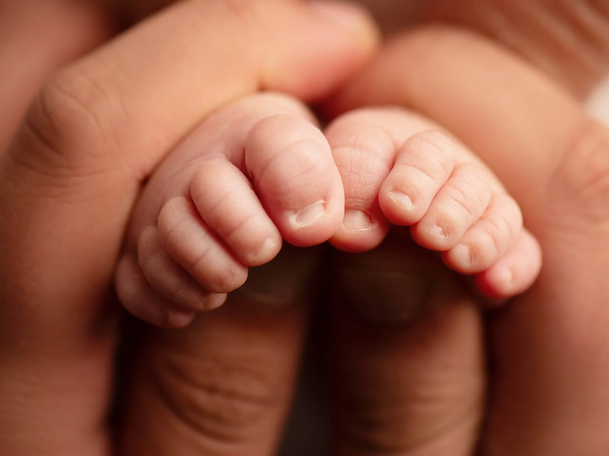 close up details of newborn baby's feet in fathers hands