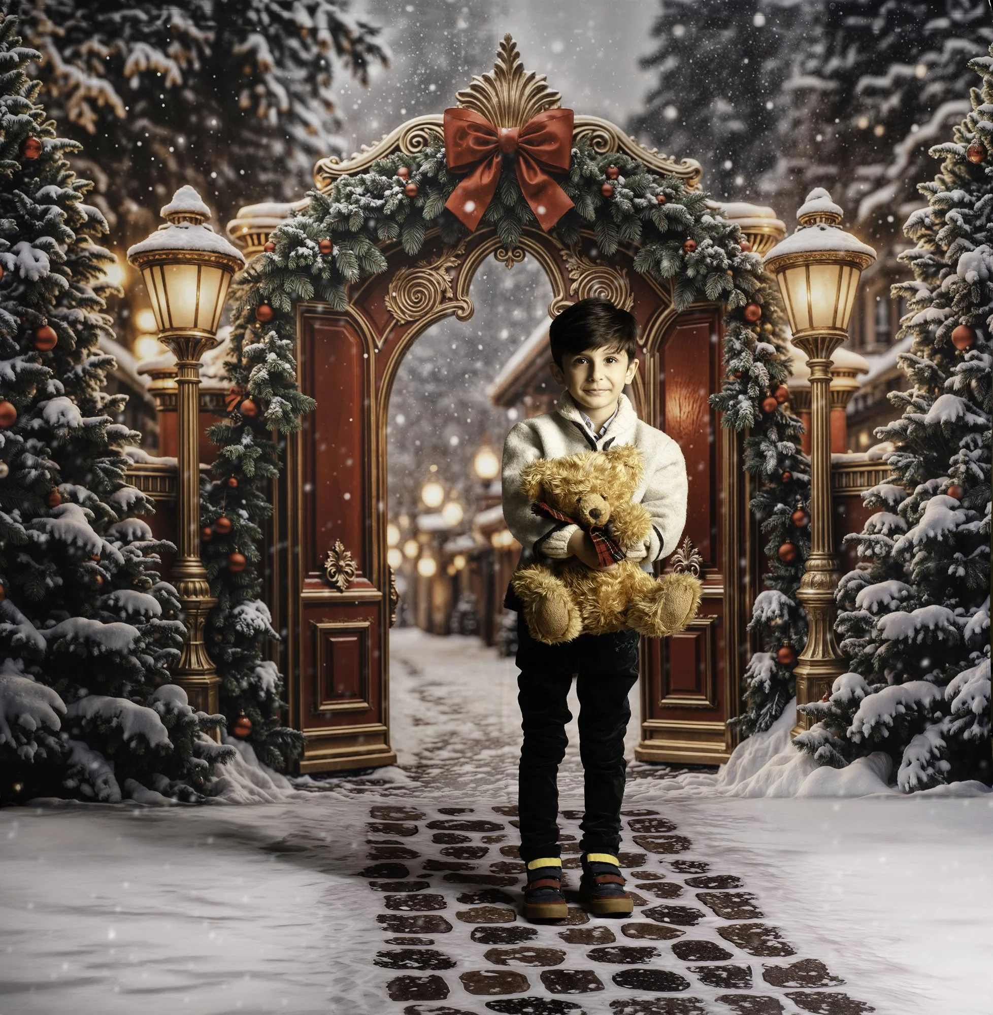 A boy with dark hair wearing a white sweater and black pants, holding a teddy bear, walking on a snow-covered brick path surrounded by decorated Christmas trees and a festive arch decorated with greenery, red ribbons, and red ornaments, with snow fal