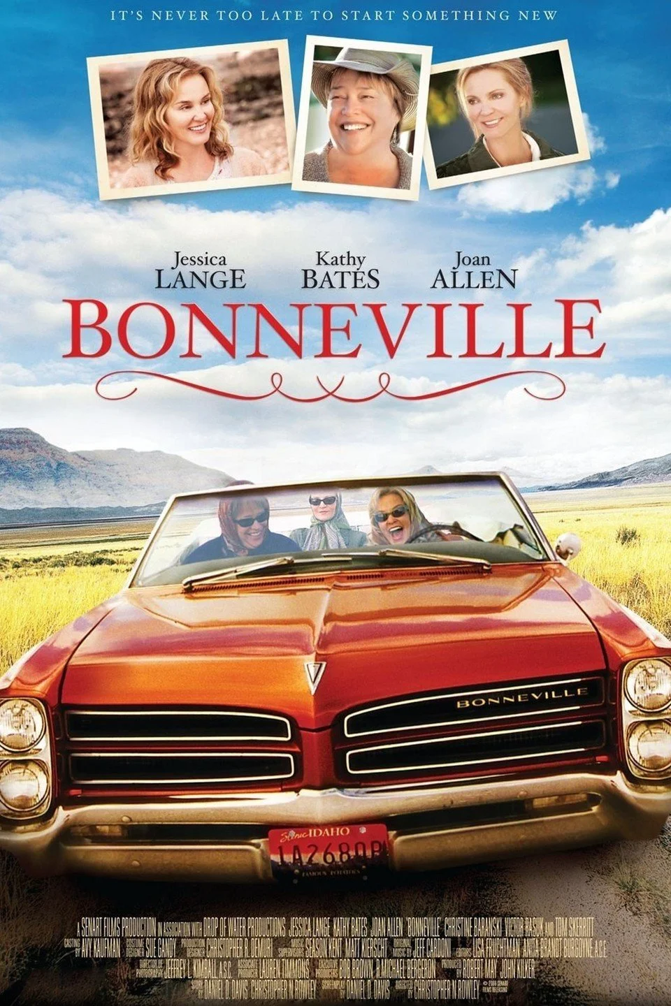 Movie poster for Bonneville featuring three women in a red vintage convertible car driving through a scenic landscape with mountains in the background. The poster includes headshots of three women at the top and states the names Jessica Lange, Kathy 