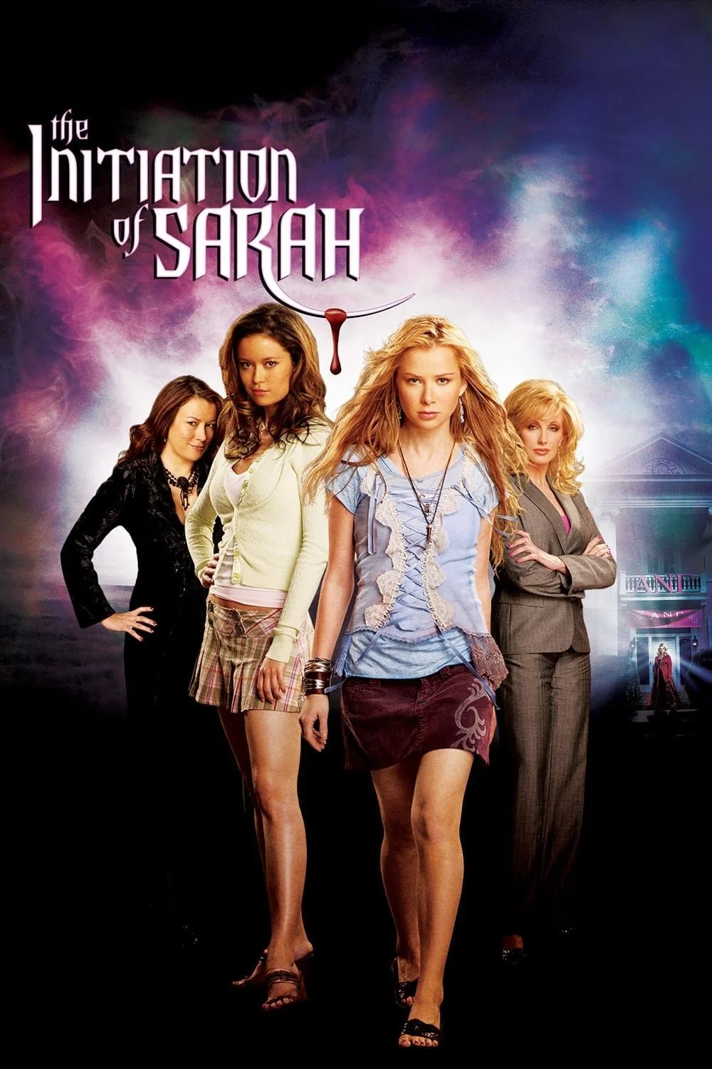 The movie poster for 'The Initiation of Sarah' showing four young women standing outdoors, with colorful smoke in the background and a dark sky. The title appears at the top left.