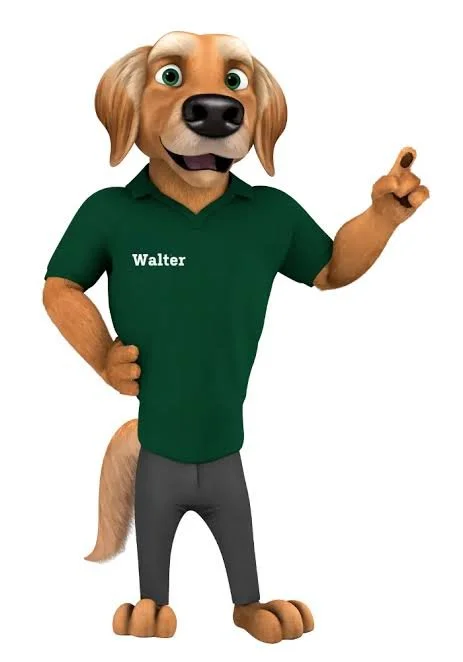 Animated cartoon dog character wearing a green polo shirt with the name 'Walter' on it, gray pants, and pointing with one paw.