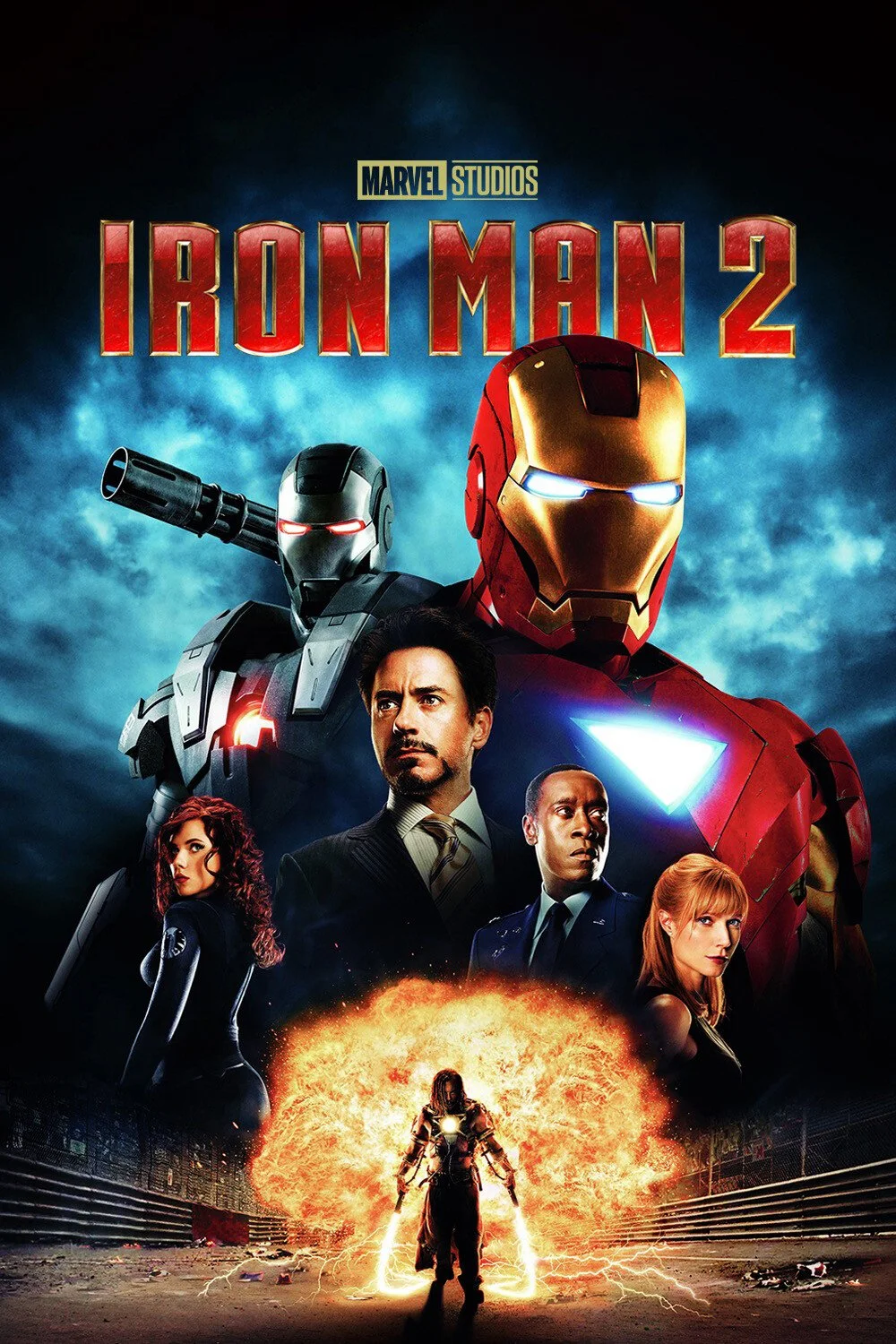 Poster for Marvel's 'Iron Man 2' featuring Iron Man in the center, surrounded by characters including War Machine, Black Widow, Nick Fury, and James Rhodes, with an explosion and lightning at the bottom.
