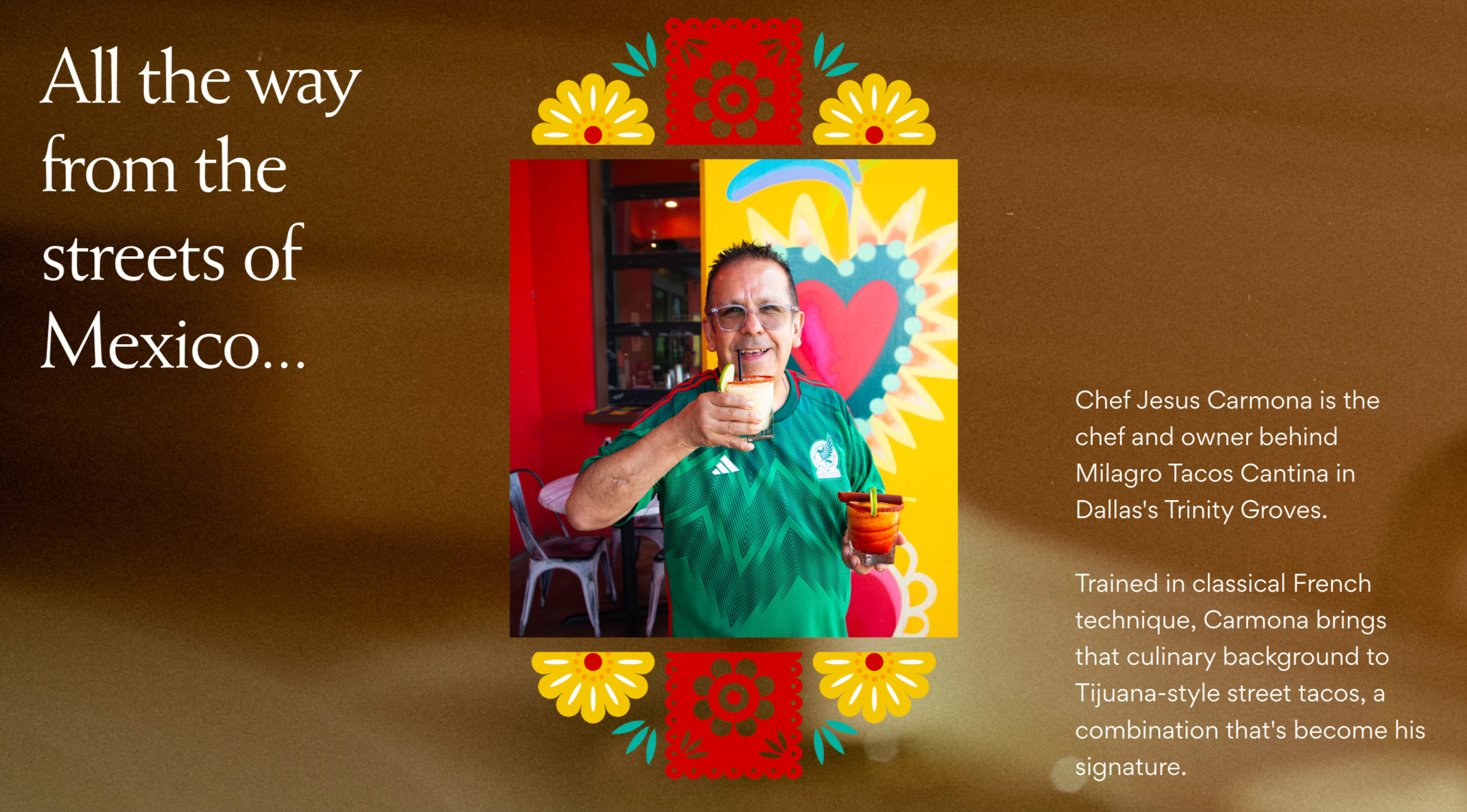 Milagro Taco's owner, Jesus Carmona posing with Milagro's signature frozen margaritas on Milagro's patio in Dallas