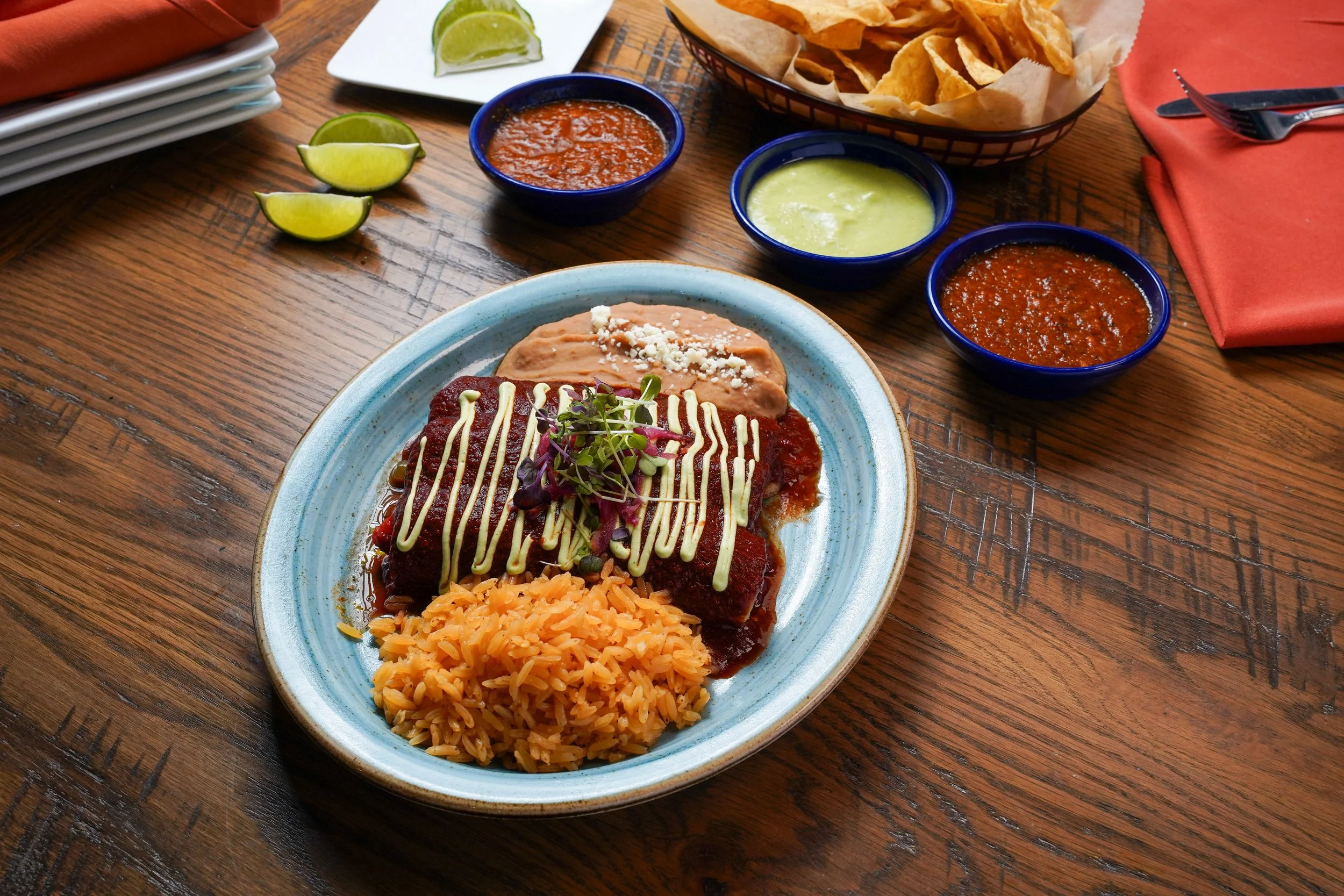 Milagro's mole flauta plate with spanish rice and beans in Dallas