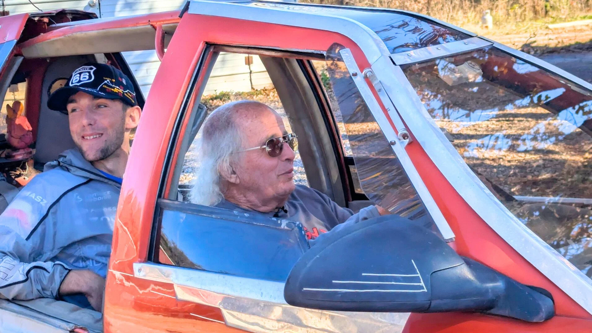 Oklahoma Route 66, mother road Tomasz and John Hargrove in his three wheeled car, that he buit