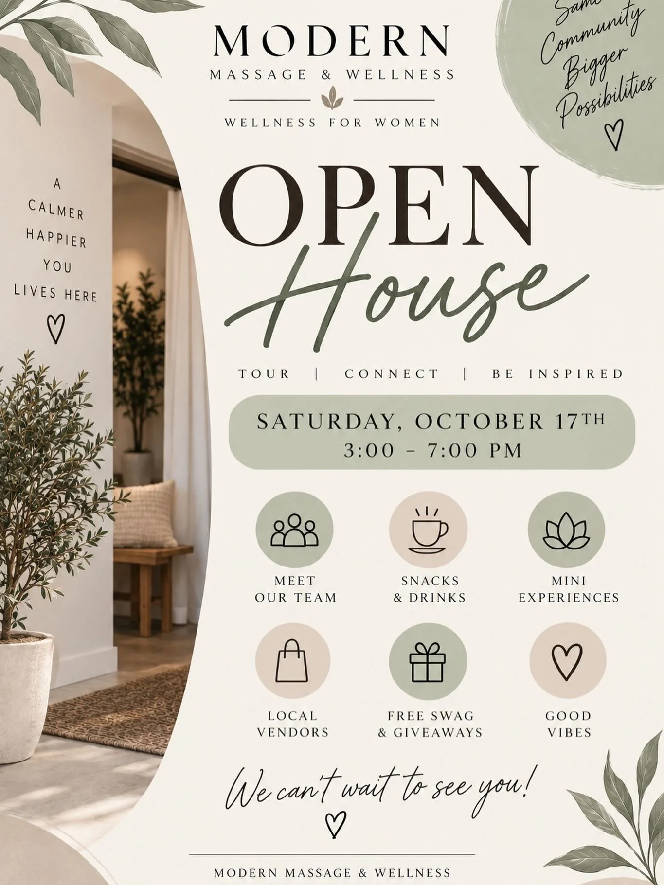 ✨ Come celebrate with us! ✨

✨Modern Massage &amp; Wellness is opening our doors for an afternoon of wellness, connection, good food, and a little pampering. 💛

Join us Saturday, October 17th from 3&ndash;7 PM as we celebrate our growing wellness co