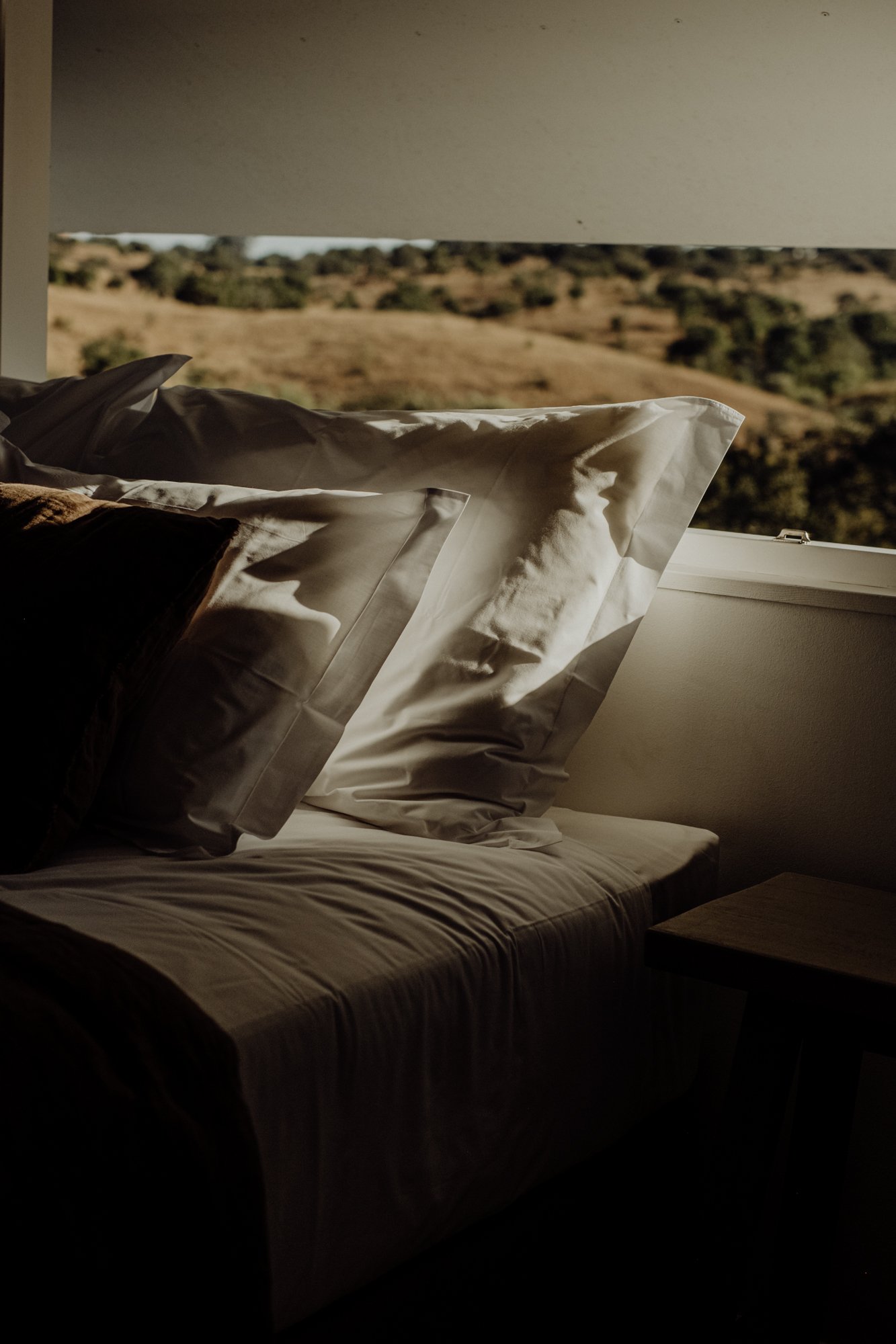 Sunlight shining on a bed with white sheets and pillows, overlooking a landscape of rolling hills and trees through a window