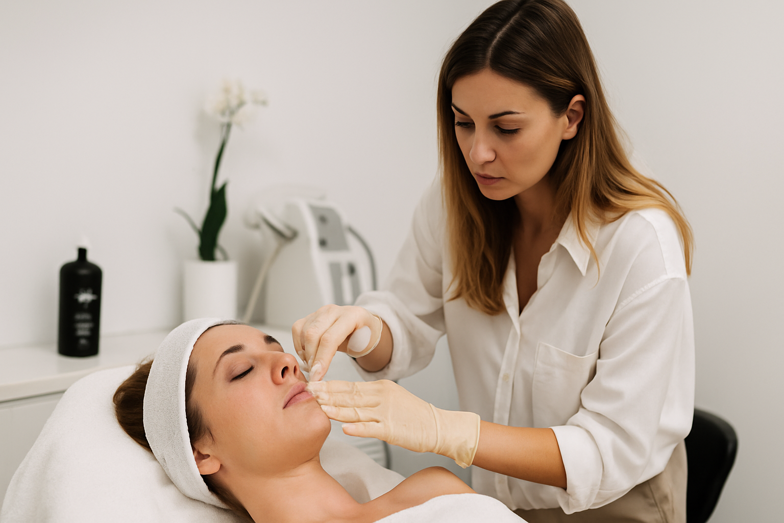 Tratamiento facial realizado por profesional médico en un entorno clínico, enfocado al cuidado de la piel y la mejora estética.