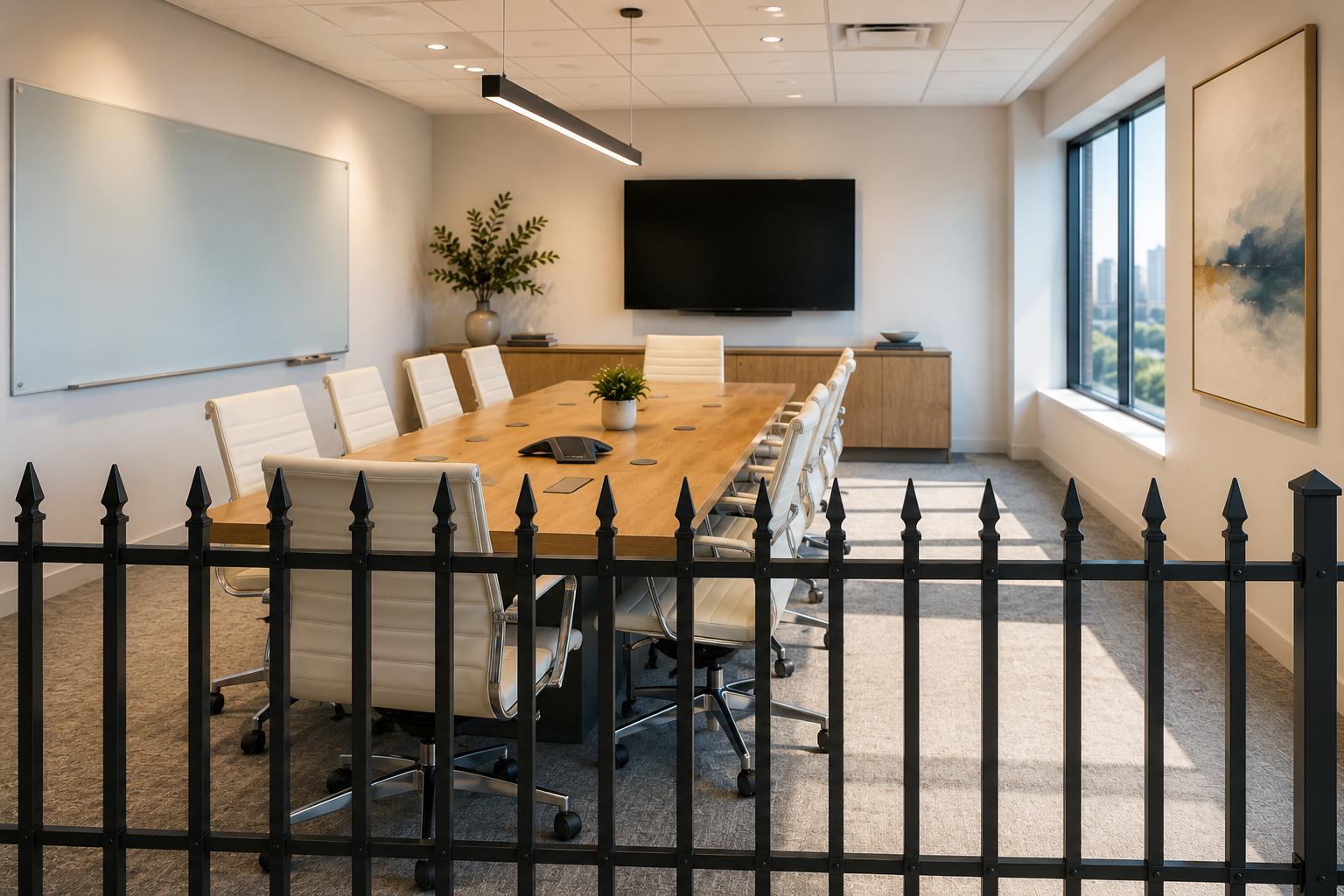 A fence surrounds an empty conference table in an executive conference room