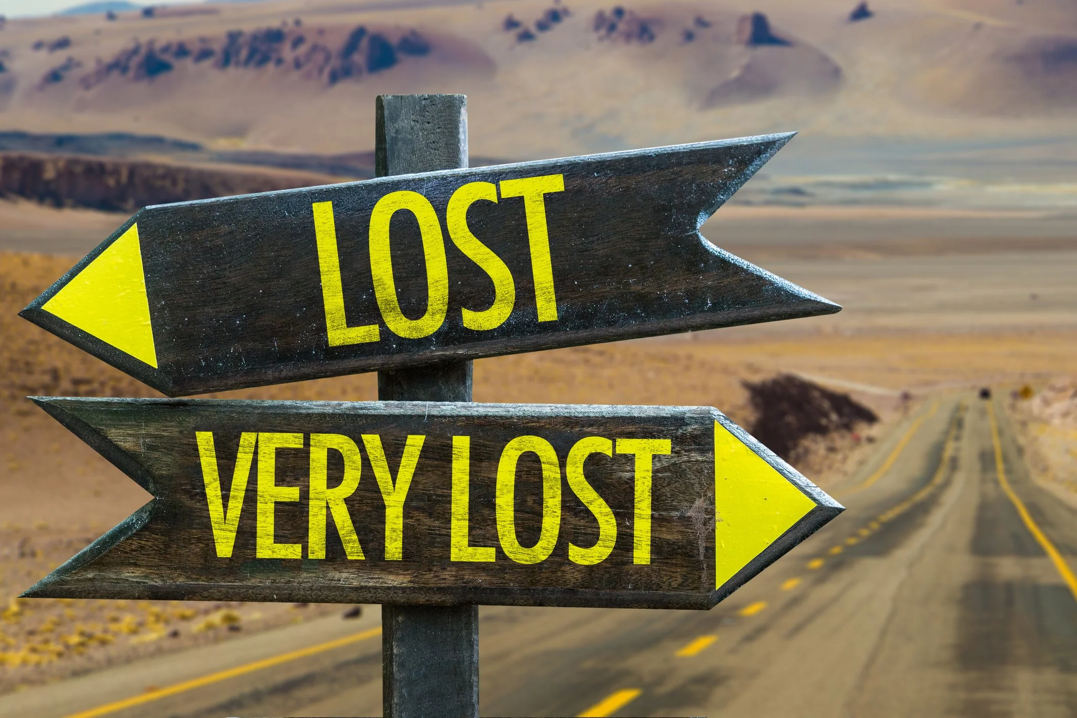 Sign post at a crossroad showing lost or very lost