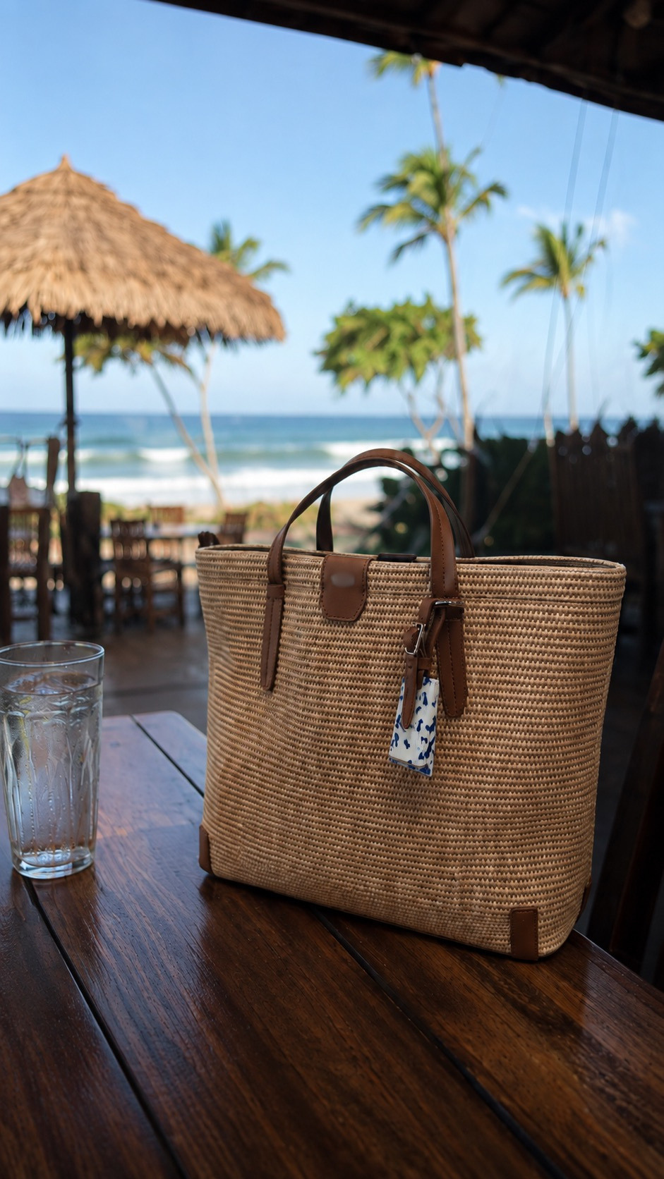 Work tote on a table by the beach