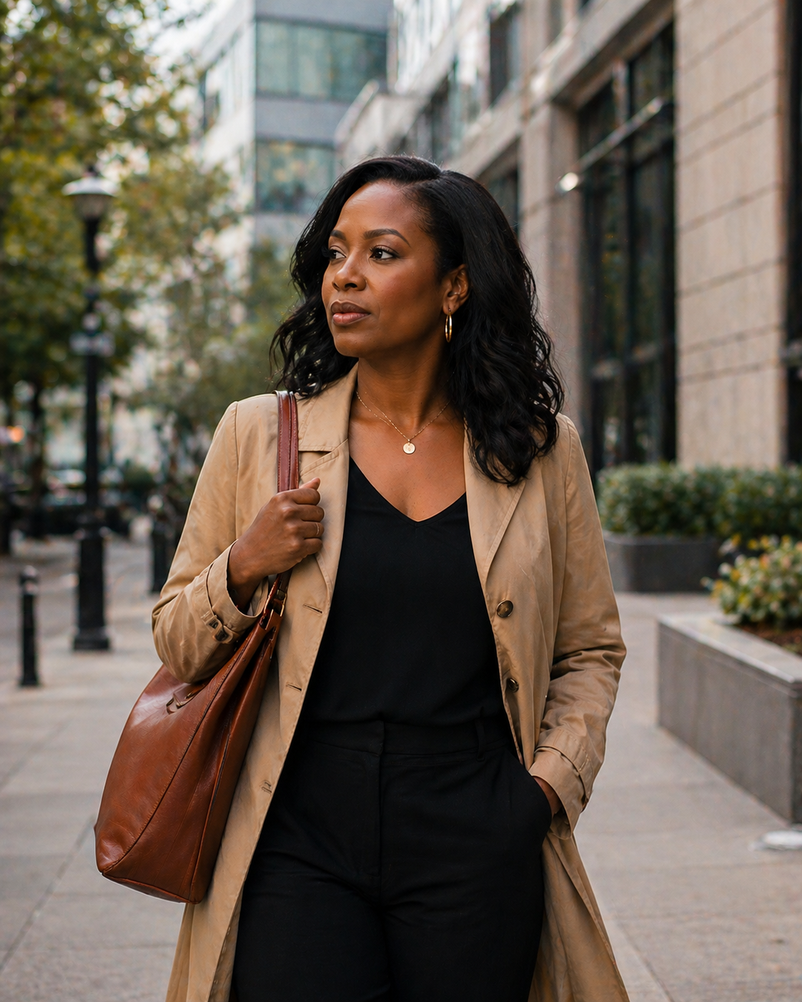 Professional woman walking to work looking preoccupied