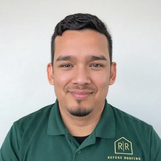 Emilio Rios - Roofing and Construction Specialist, smiling at the camera & wearing a green polo shirt with a logo that says "Refuge Roofing" on the left side.