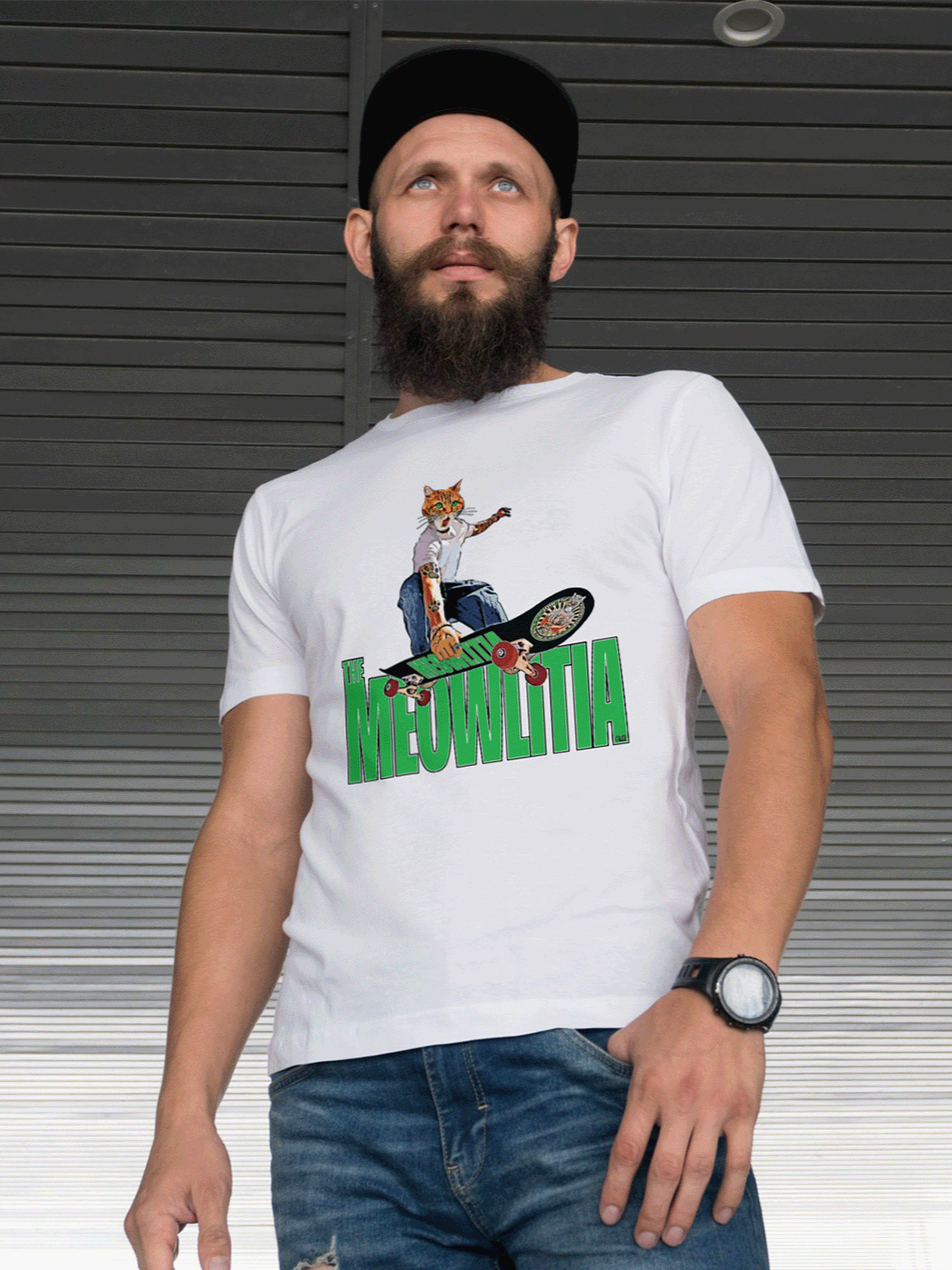model wearing a Cooper’s Indy Grab graphic T-shirt in white from The Meowlitia