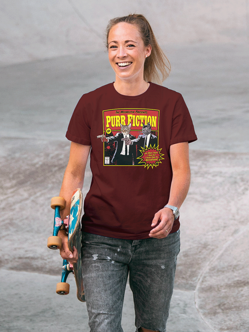 Model in Purr Fiction graphic T-shirt in maroon from The Meowlitia