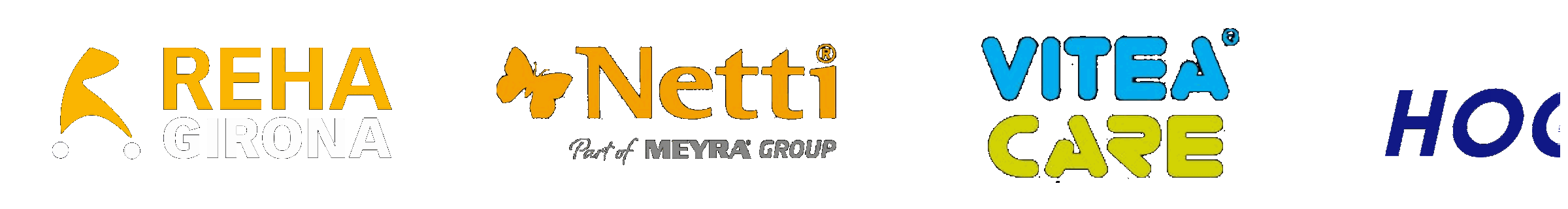 Conjunto de logotipos de varias marcas, incluyendo Reha Girona, Netti, Vitea Care y Hoss.